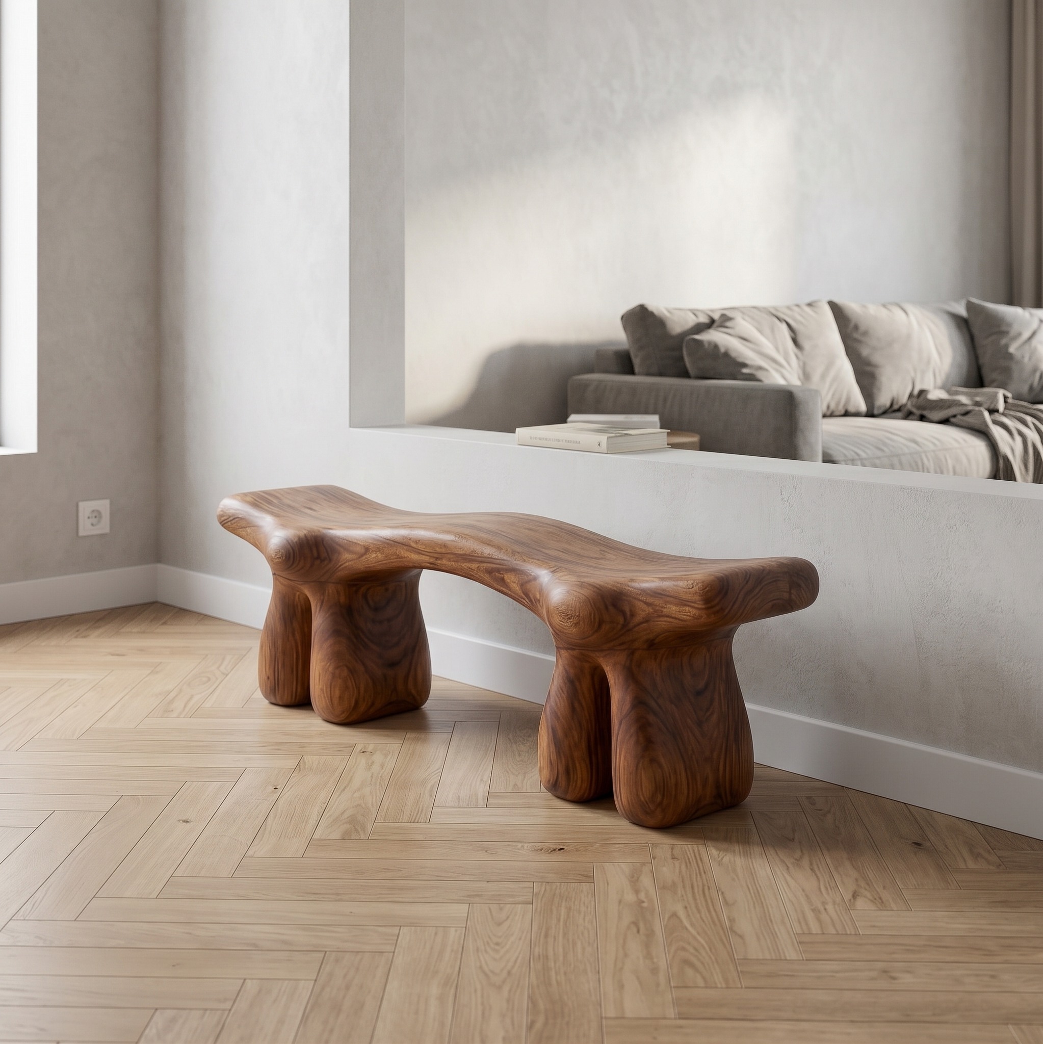 Mid-Century Organic Solid Wood Bench for Entryway, Foyer & Living Room, Handcrafted Modern Indoor Seating