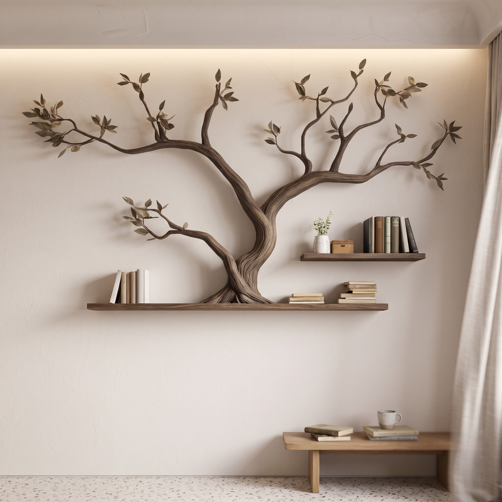 Mid Century Organic Tree Bookshelf Headboard Bedroom Design