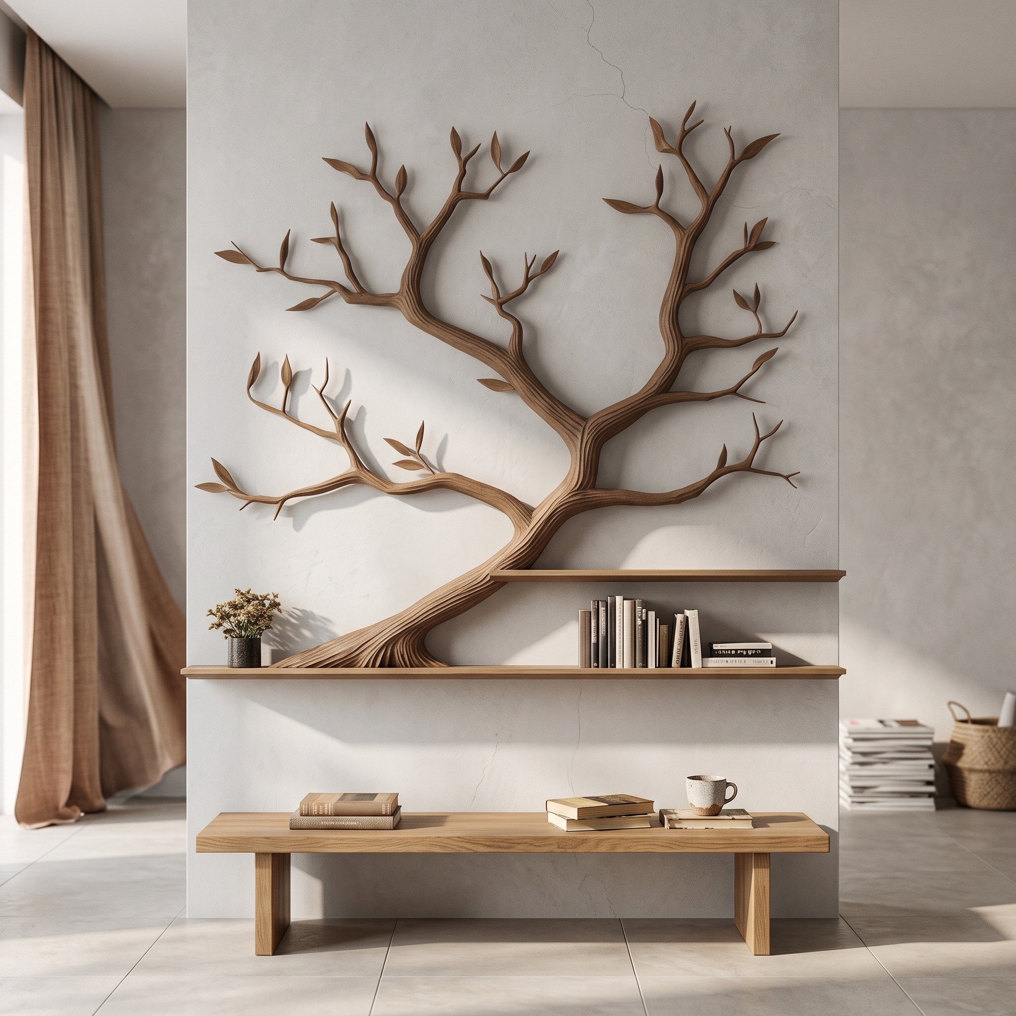 Mid Century Organic Tree Bookshelf, Solid Wood Sculptural Floating Branch Shelf, Modern Aesthetic Bedroom Wall Decor