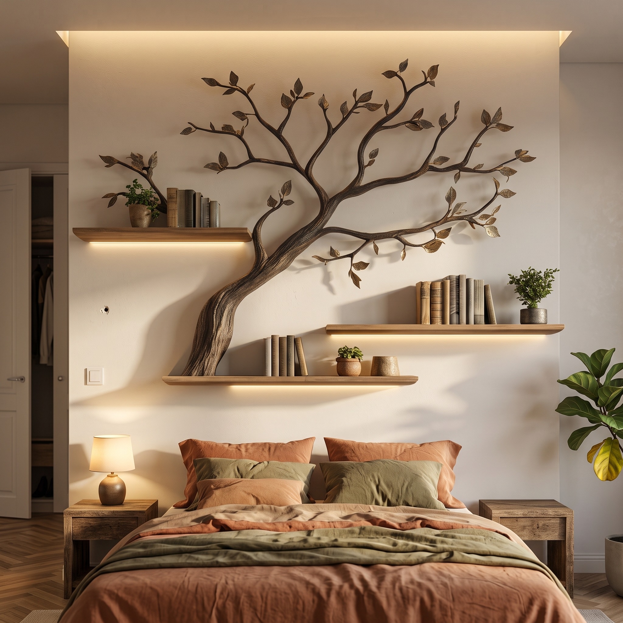 Mid Century Organic Tree Display Shelf, Floating Solid Wood Branch Bookcase for Contemporary Bedroom & Study Walls