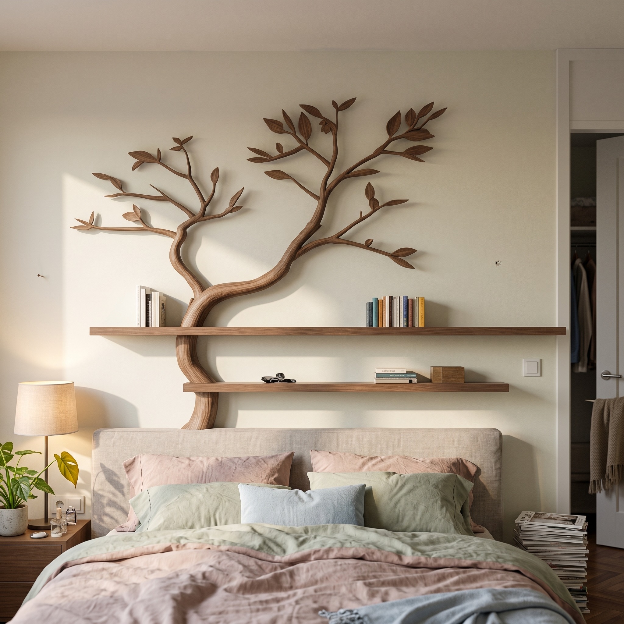 Mid-Century Organic Tree Wall Shelf, Handcrafted Solid Wood Bookshelf & Artistic Display Organizer