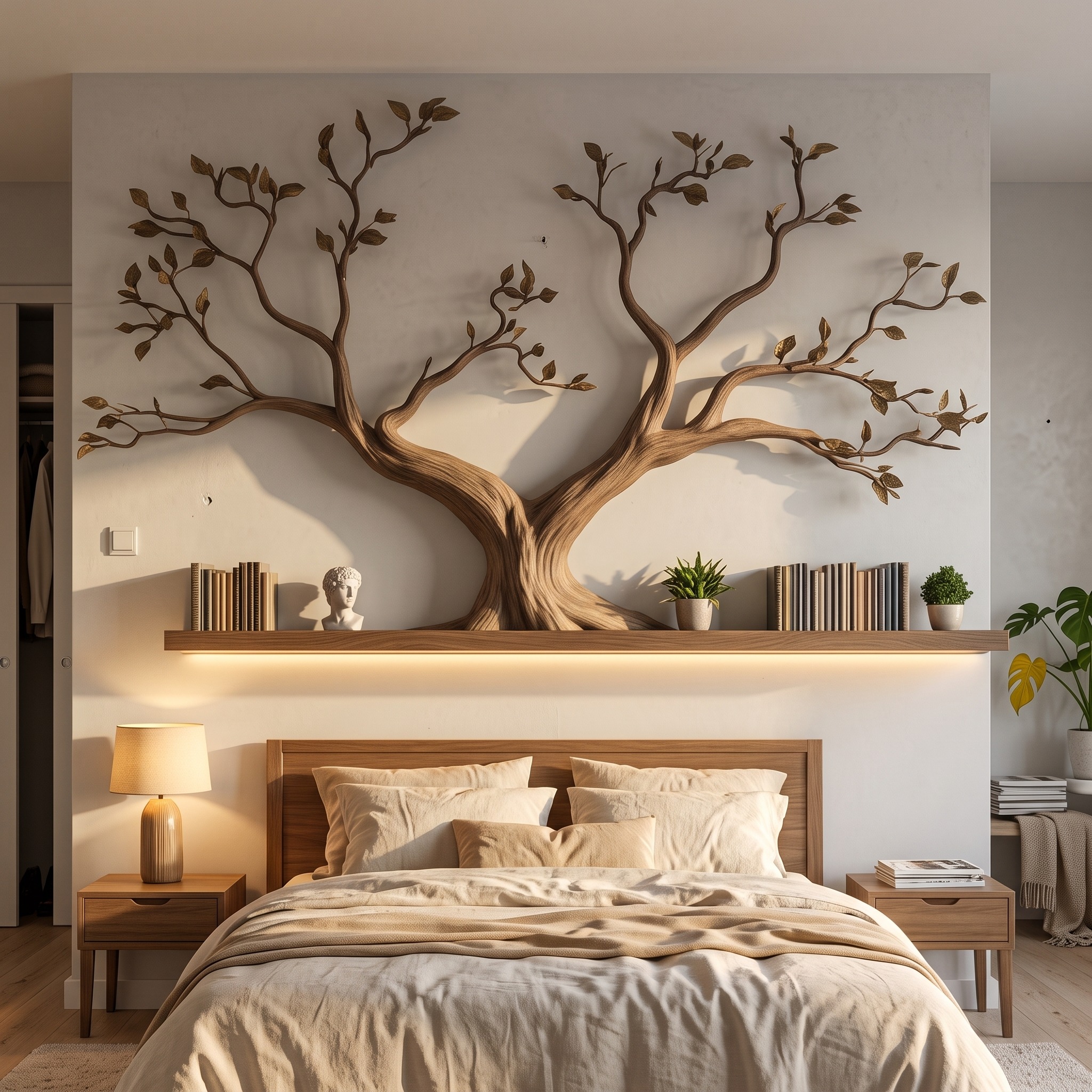 Mid-Century Organic Tree Wall Shelf, Handcrafted Solid Wood Branch Display Bookshelf for Bedroom Decor