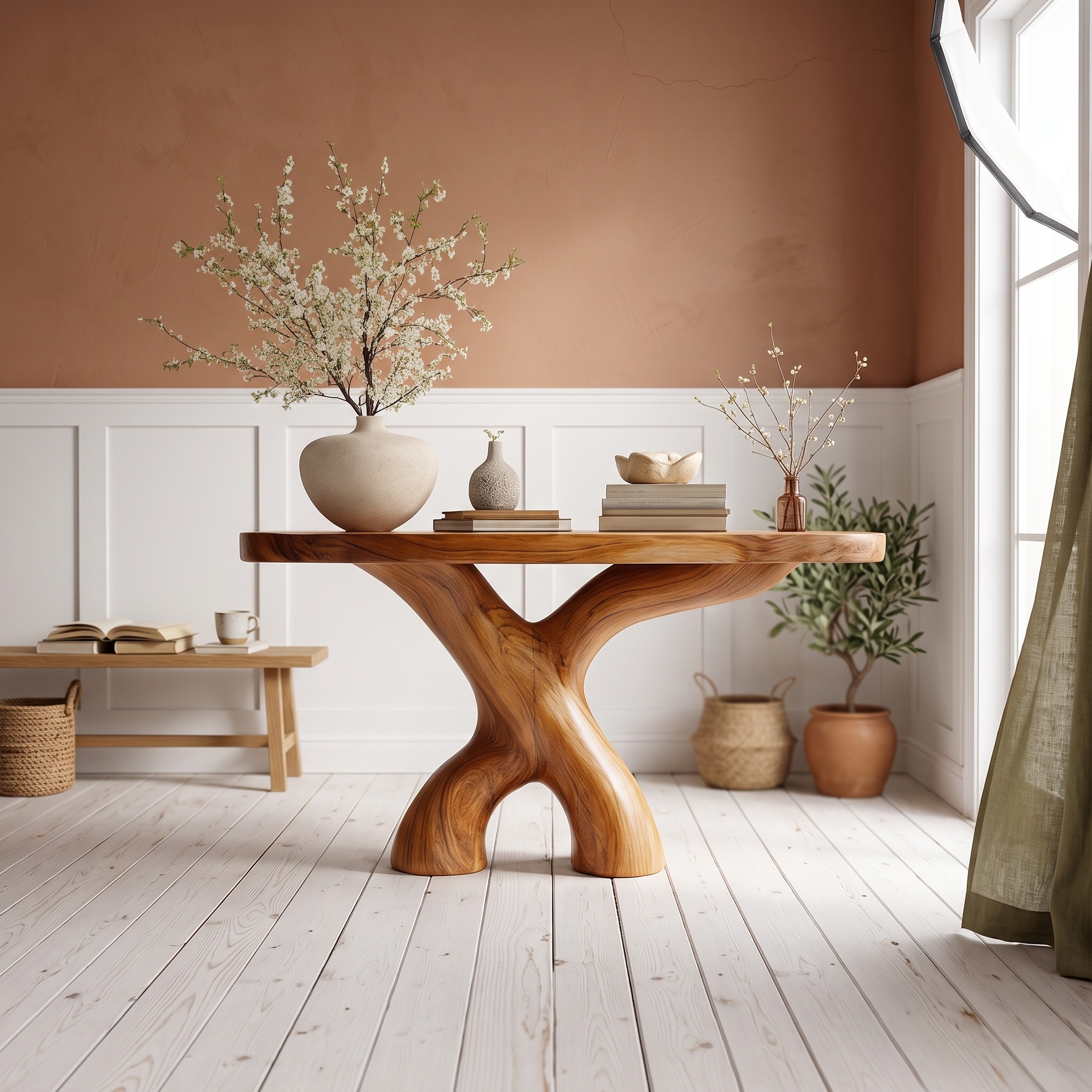 Mid Century Organic Wood Console Table, Hallway & Entryway Accent Sofa Table, Model