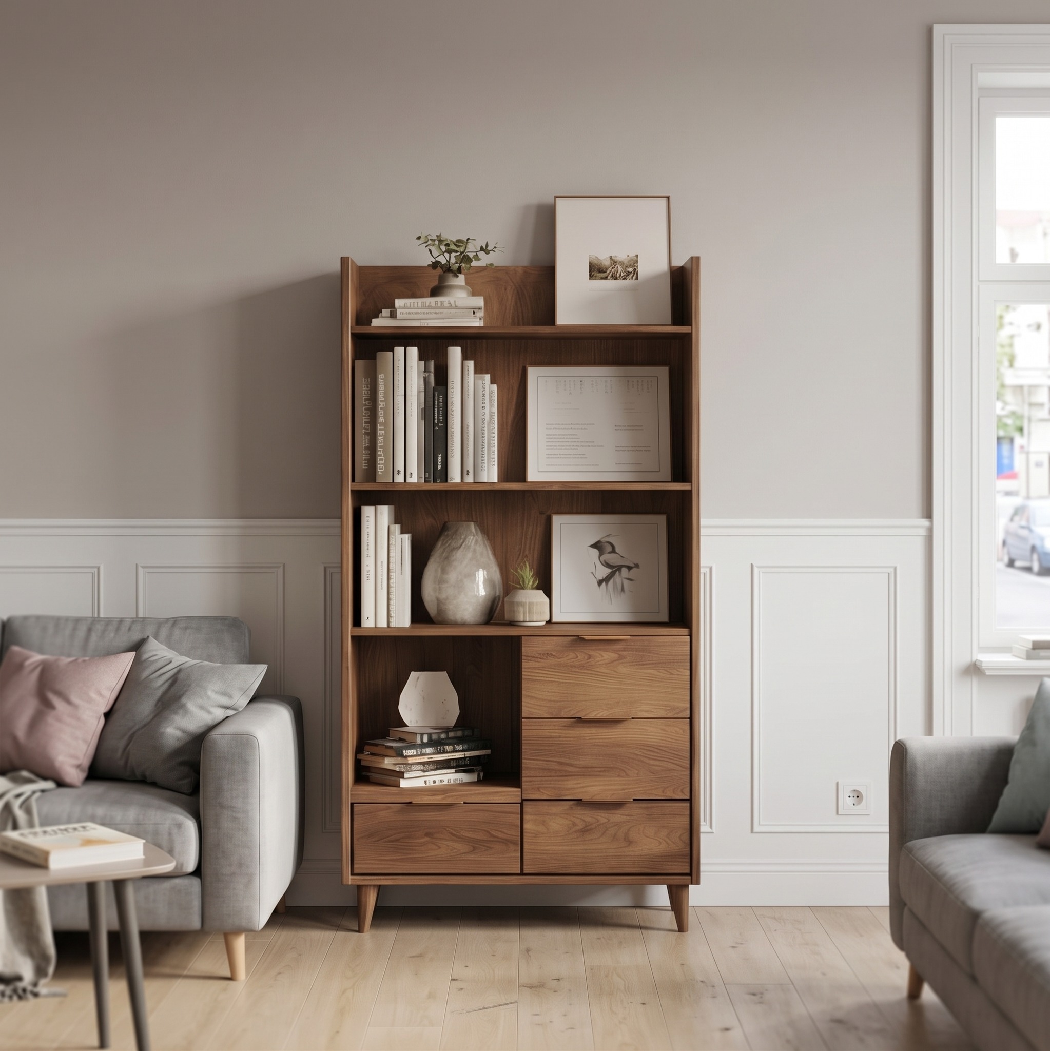 Mid Century Organizer Cabinet, Solid Wood Sideboard Credenza for Living Room, Modern Entryway Storage for Apartments