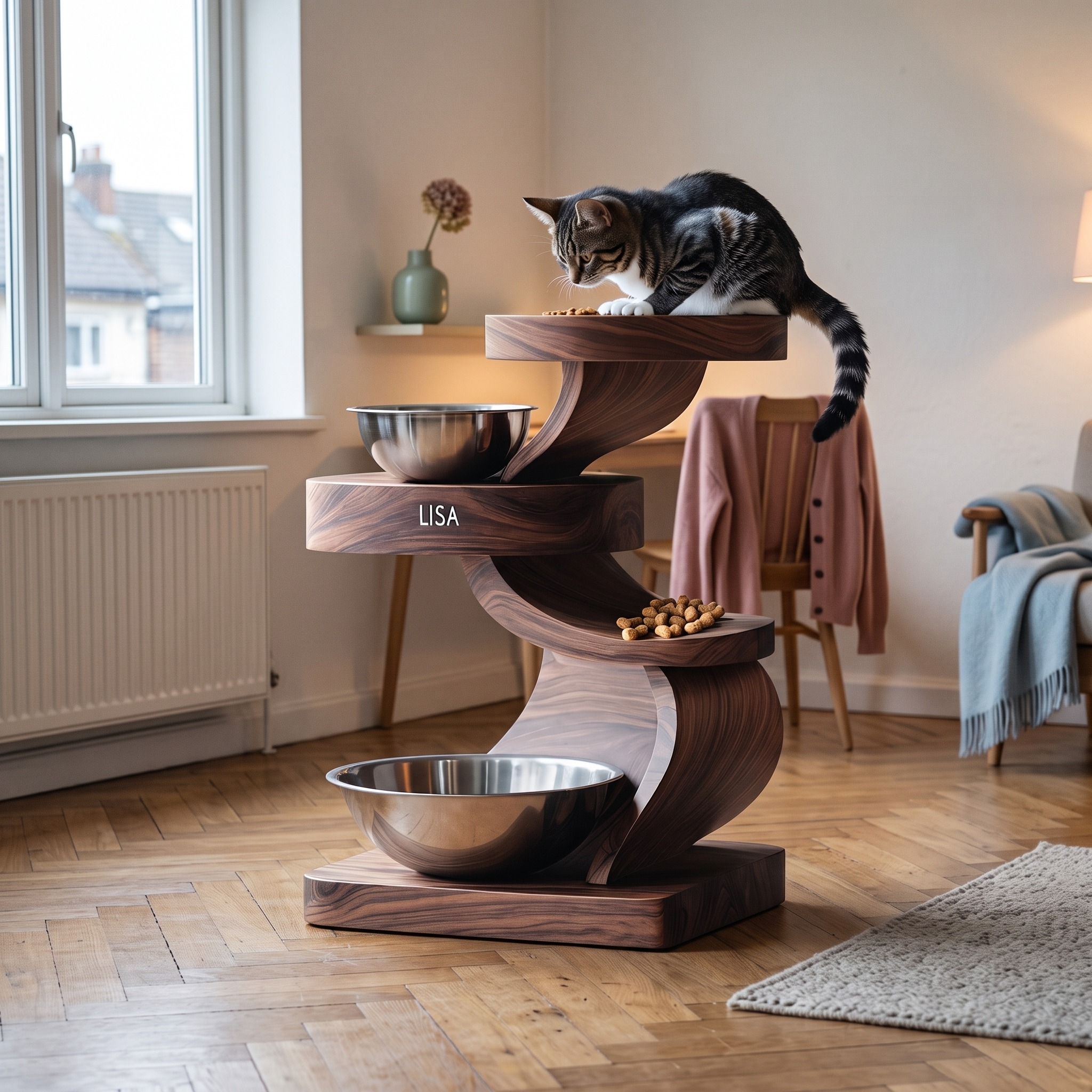 Mid Century Pet Food Bowl Stand for Kitchen Use
