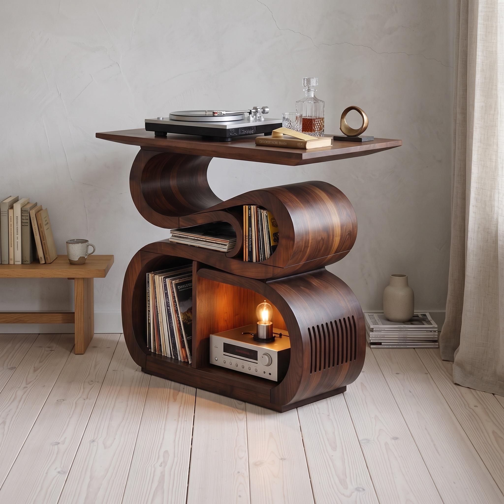 Mid-Century Record Console Stand, Solid Wood LP Vinyl Storage Organizer for Turntable and Media Area