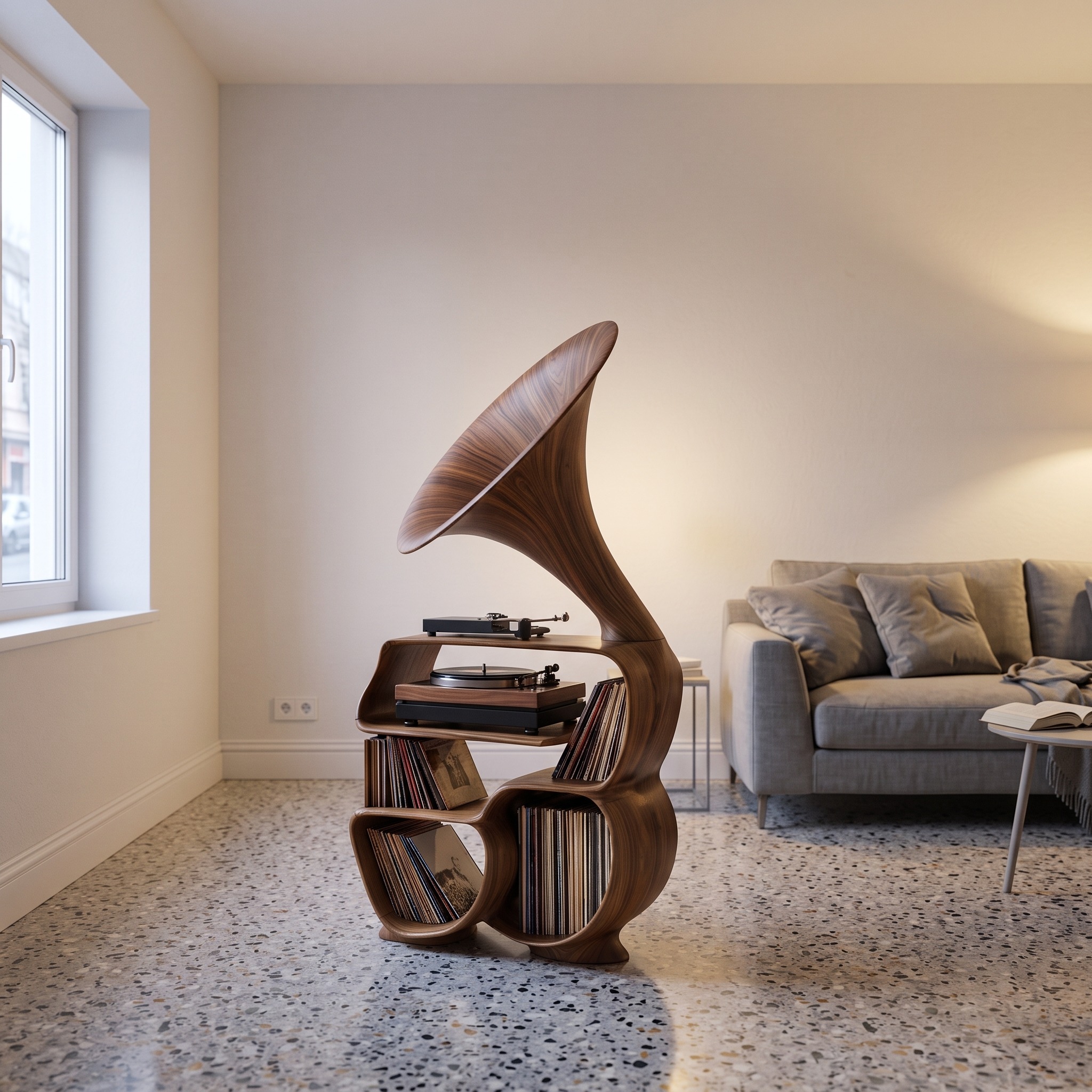 Mid Century Record Player Stand, Retro Solid Wood Turntable Station & Vinyl Storage Cabinet for Bedroom