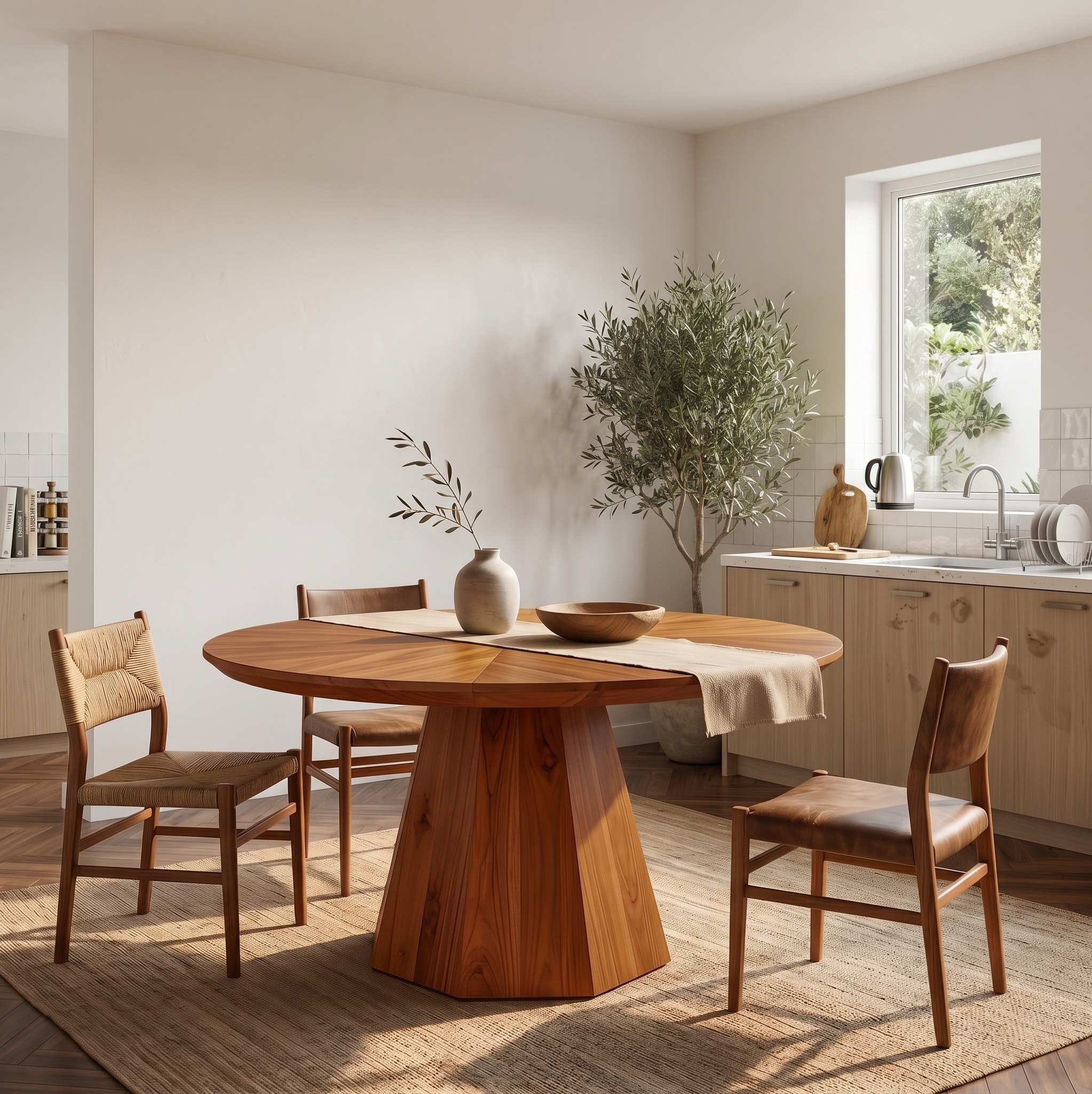 Mid-Century Round Dining Table with Tapered Sculptural Pedestal Base, Retro Solid Wood Kitchen Table