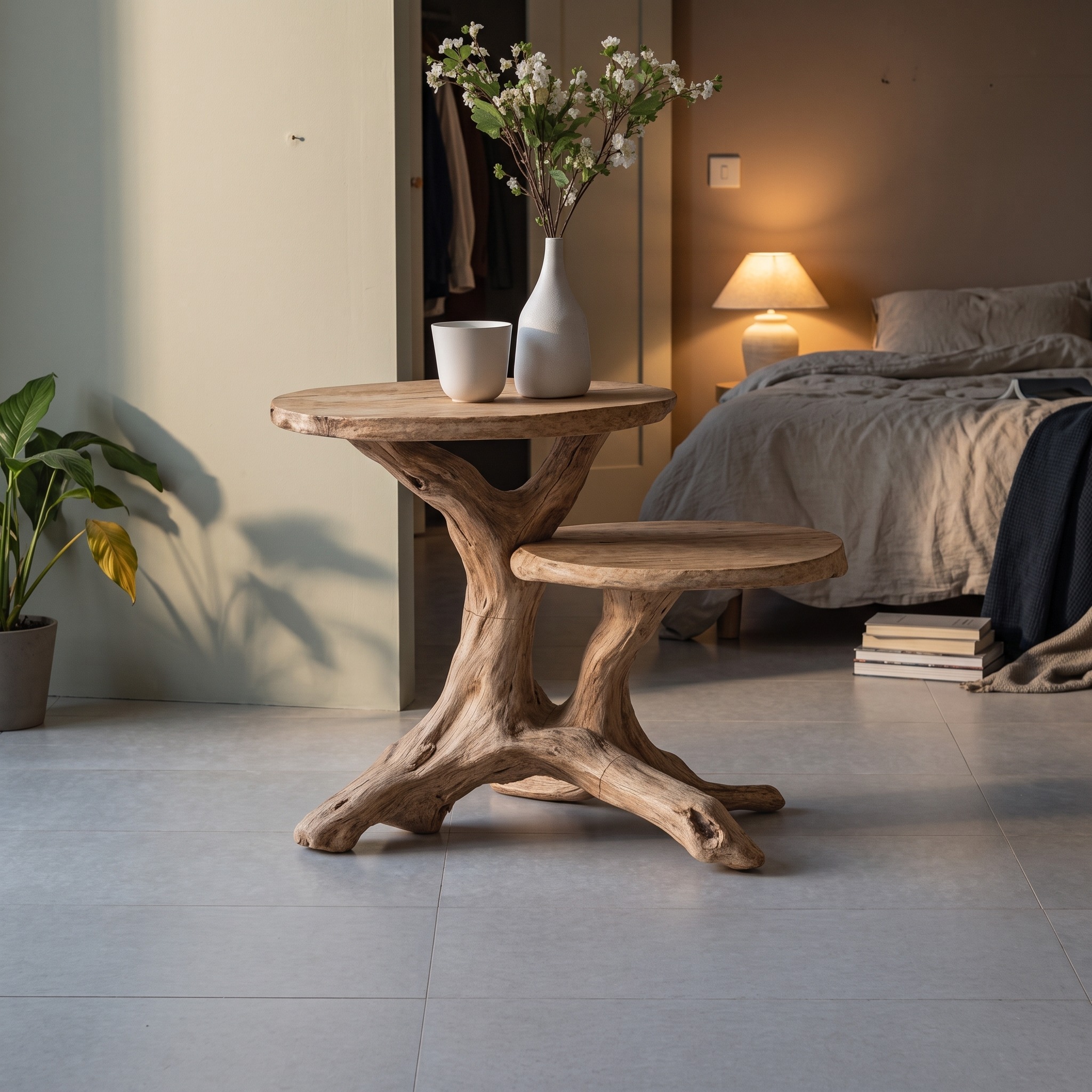 Mid Century Round Solid Wood End Table, Retro Handcrafted Side Table & Nightstand for Living Room Lounge