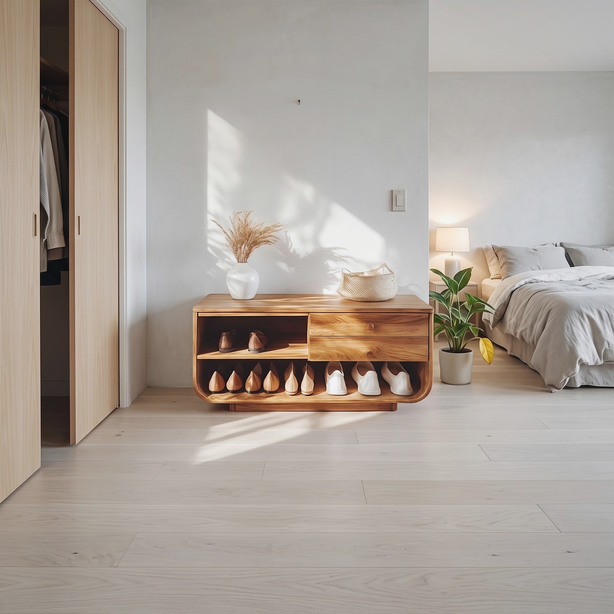 Mid Century Rounded Shoe Storage Hallway and Bedroom