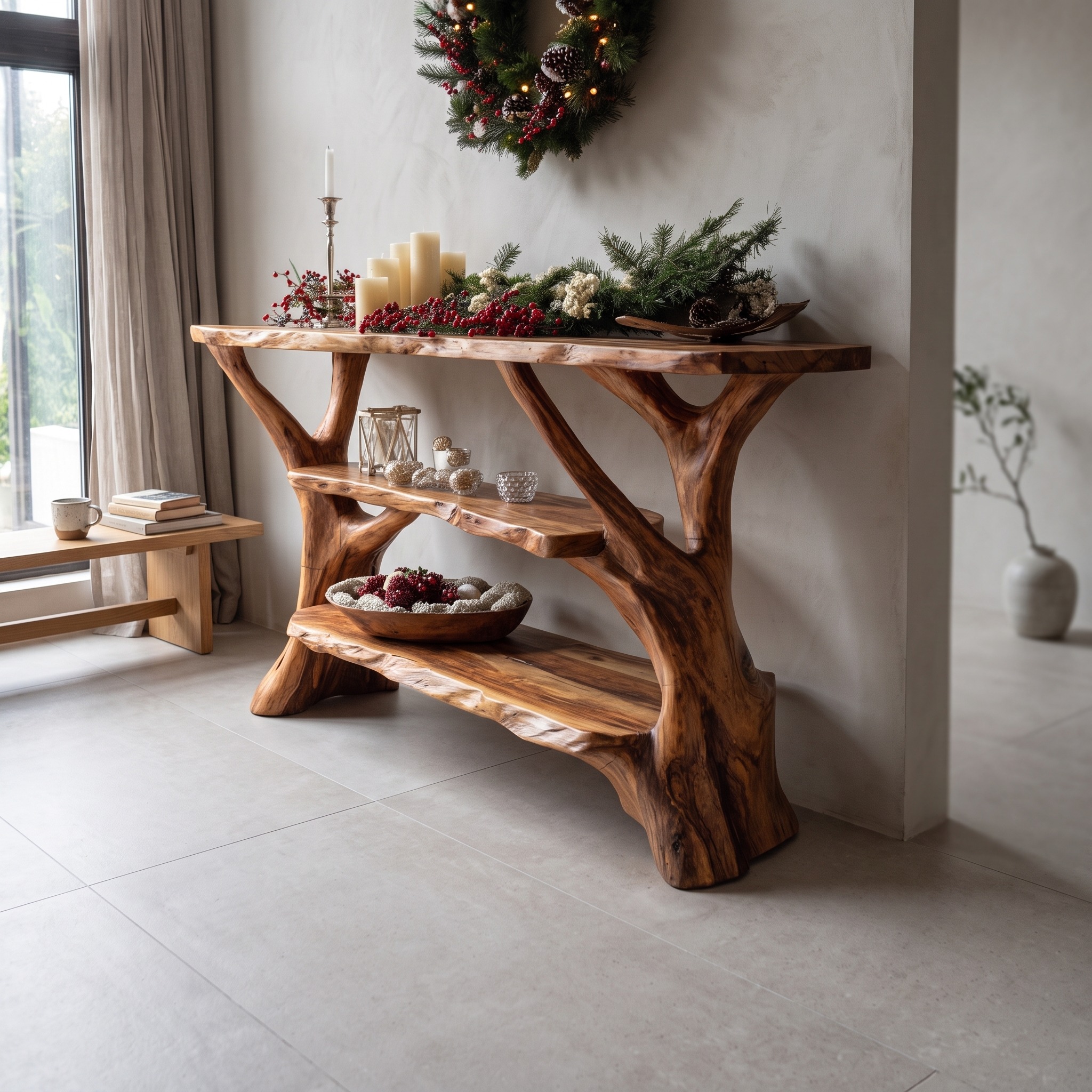 Mid-Century Rustic Live Edge Console Table, Solid Timber Slab Entryway Table, Retro Hallway Sofa Table