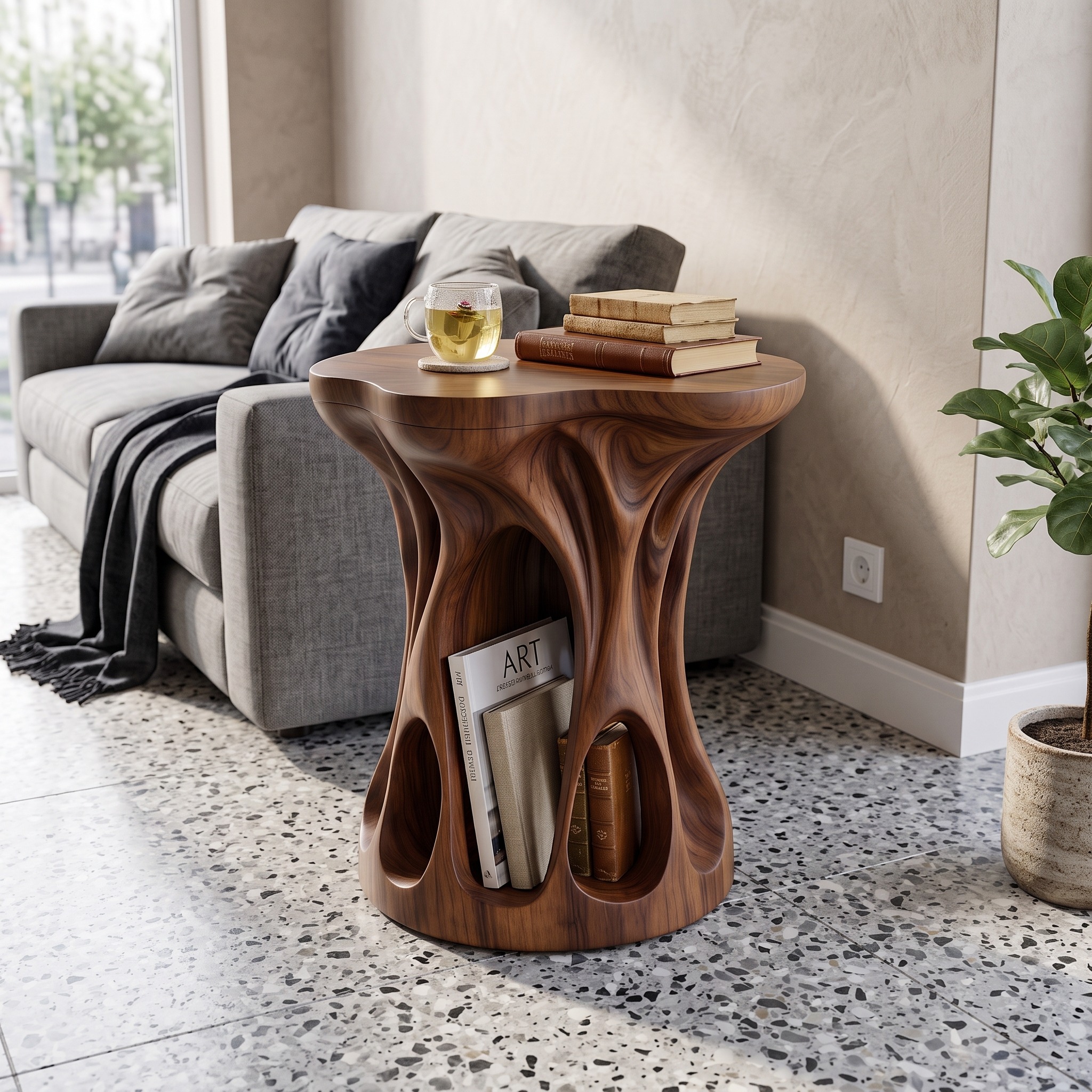 Mid Century Sculptural Wood Accent Table, Round Side End Table for Living Room Lounge