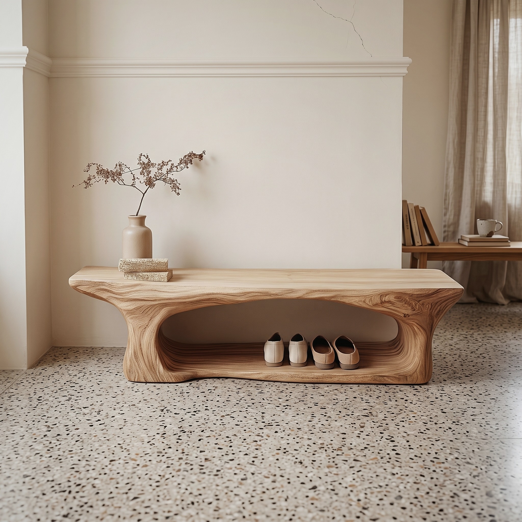 Mid Century Sculptural Wood Shoe Bench Interior