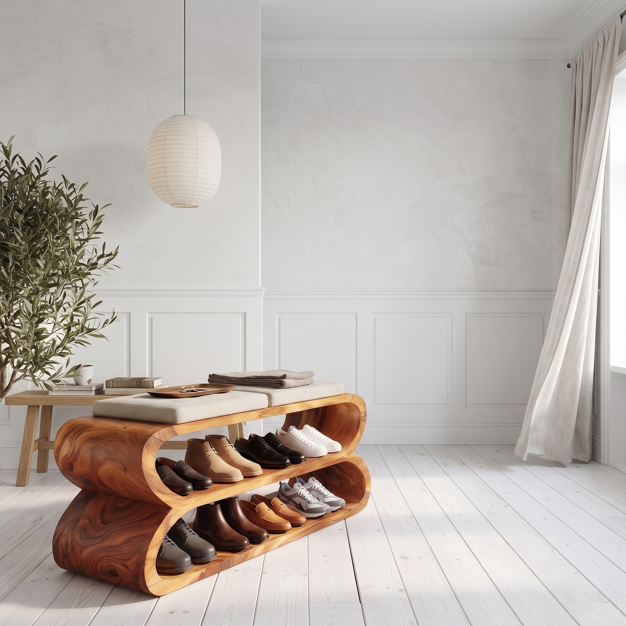 Mid-Century Shoe Storage Cabinet for Hallway, Modern Wooden Entryway Shoe Organizer Console