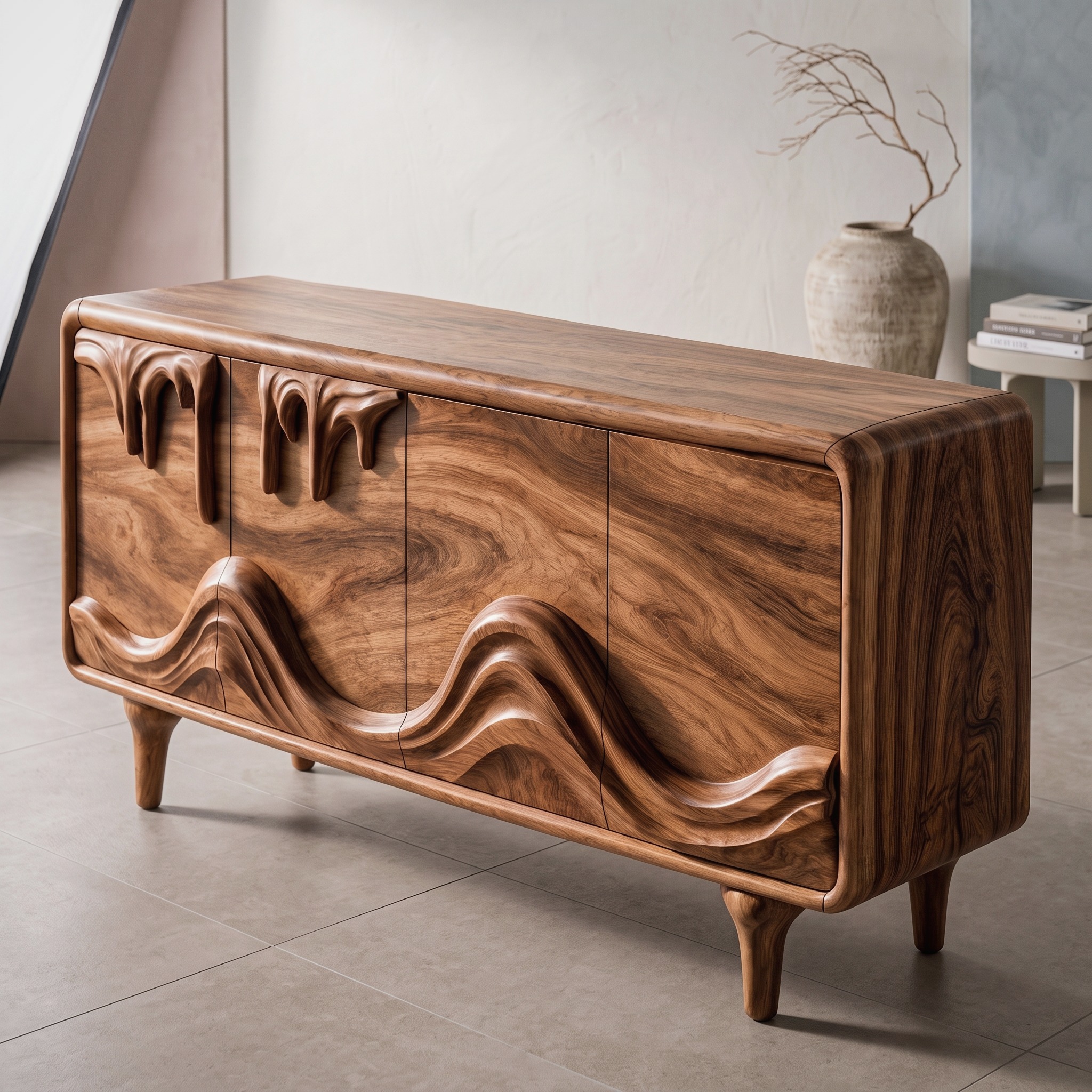 Mid Century Sideboard with Intricately Carved Front Design for Living Room