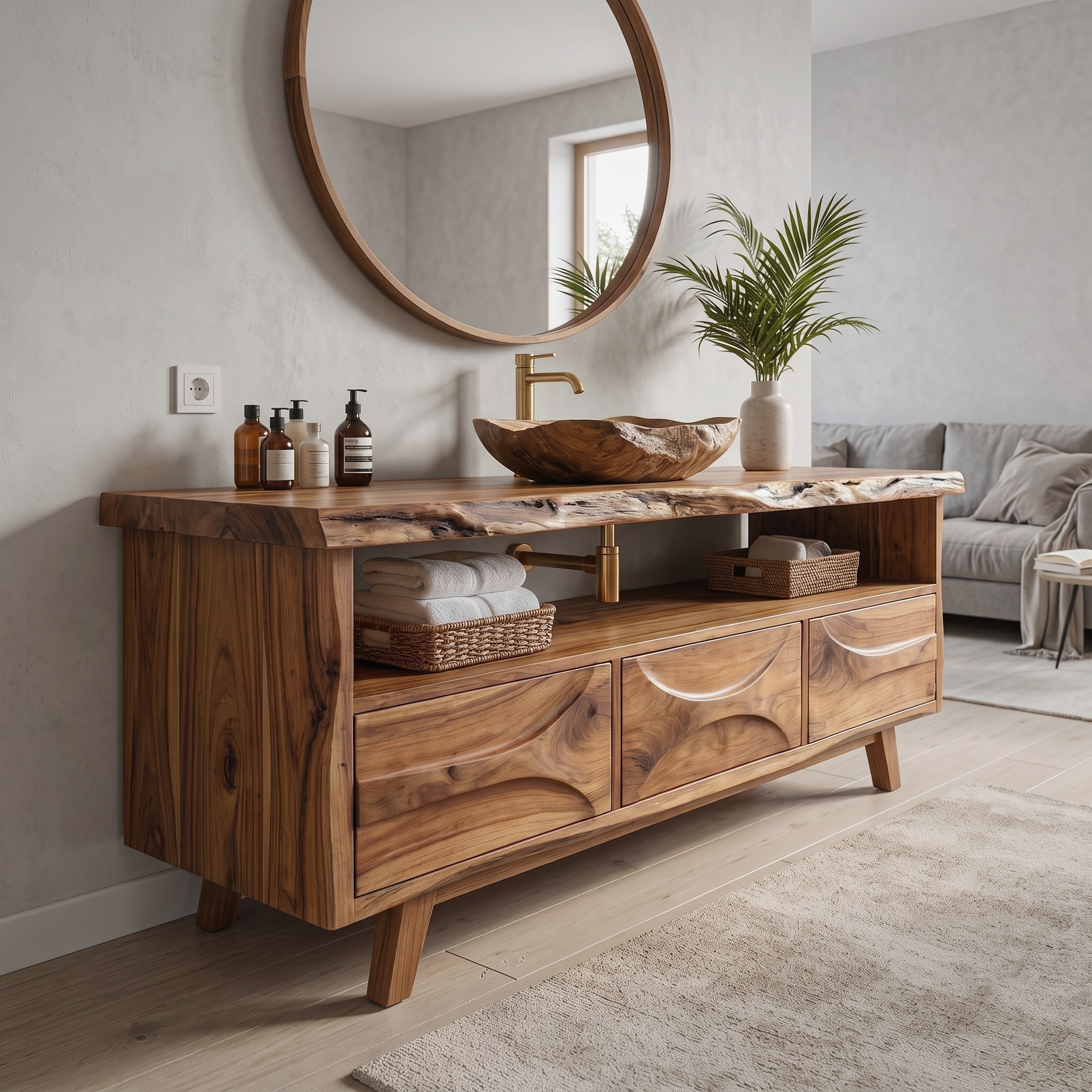 Mid Century Solid Wood Bathroom Vanity Freestanding Storage Cabinet
