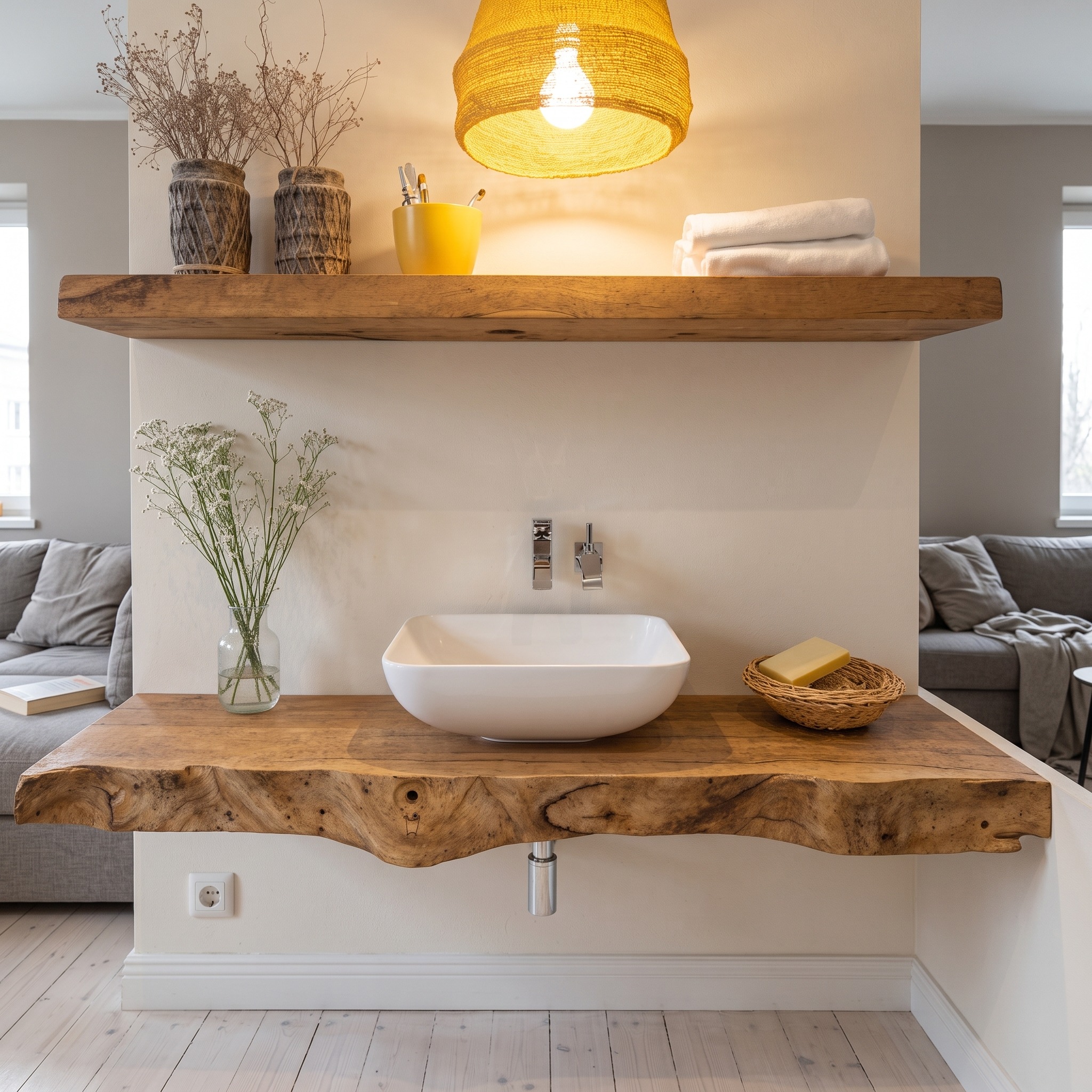 Mid-Century Solid Wood Bathroom Vanity, Modern Handcrafted Floating Under-Sink Console Organizer