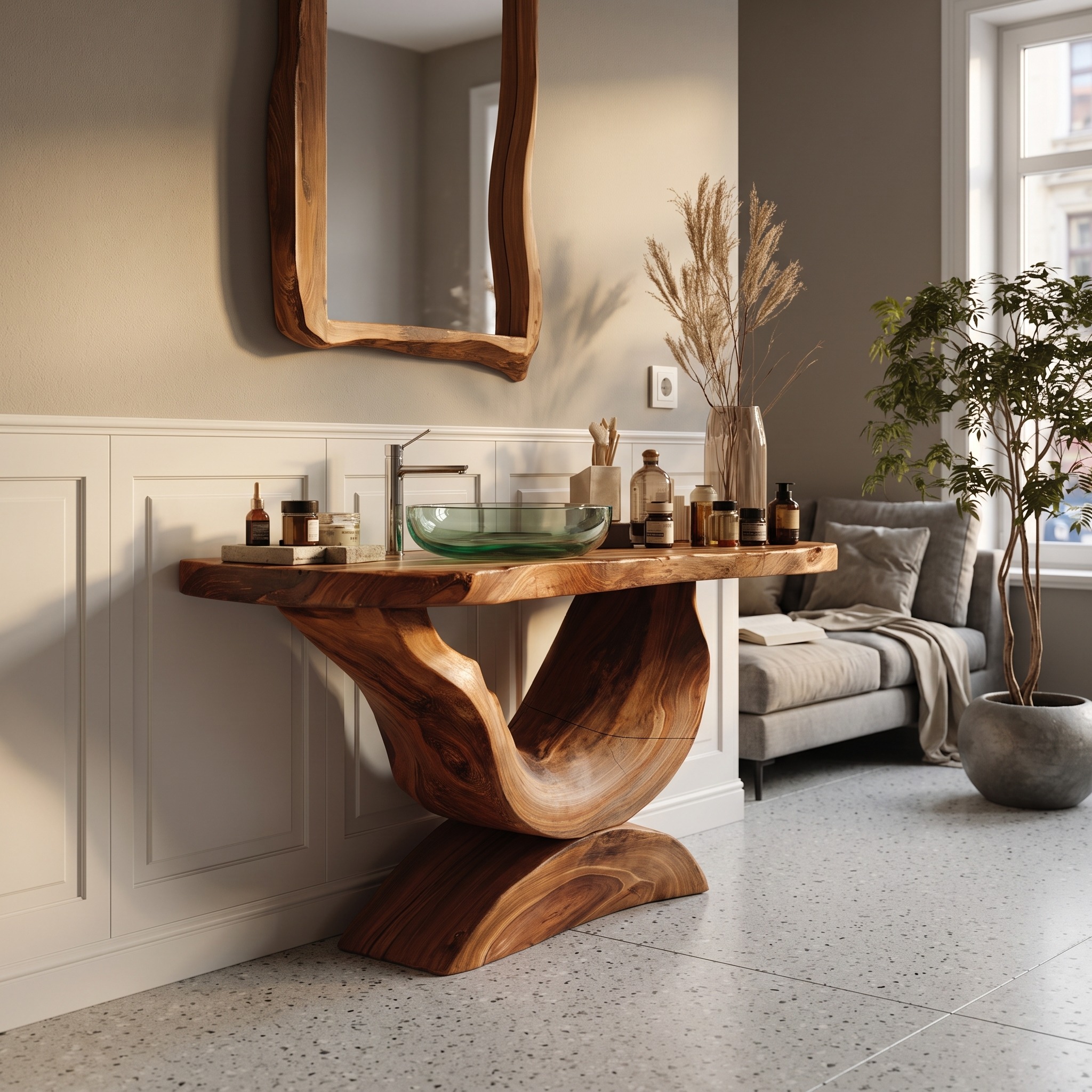 Mid Century Solid Wood Bathroom Vanity, Retro Handcrafted Single Sink Cabinet for Modern Bathroom Furniture