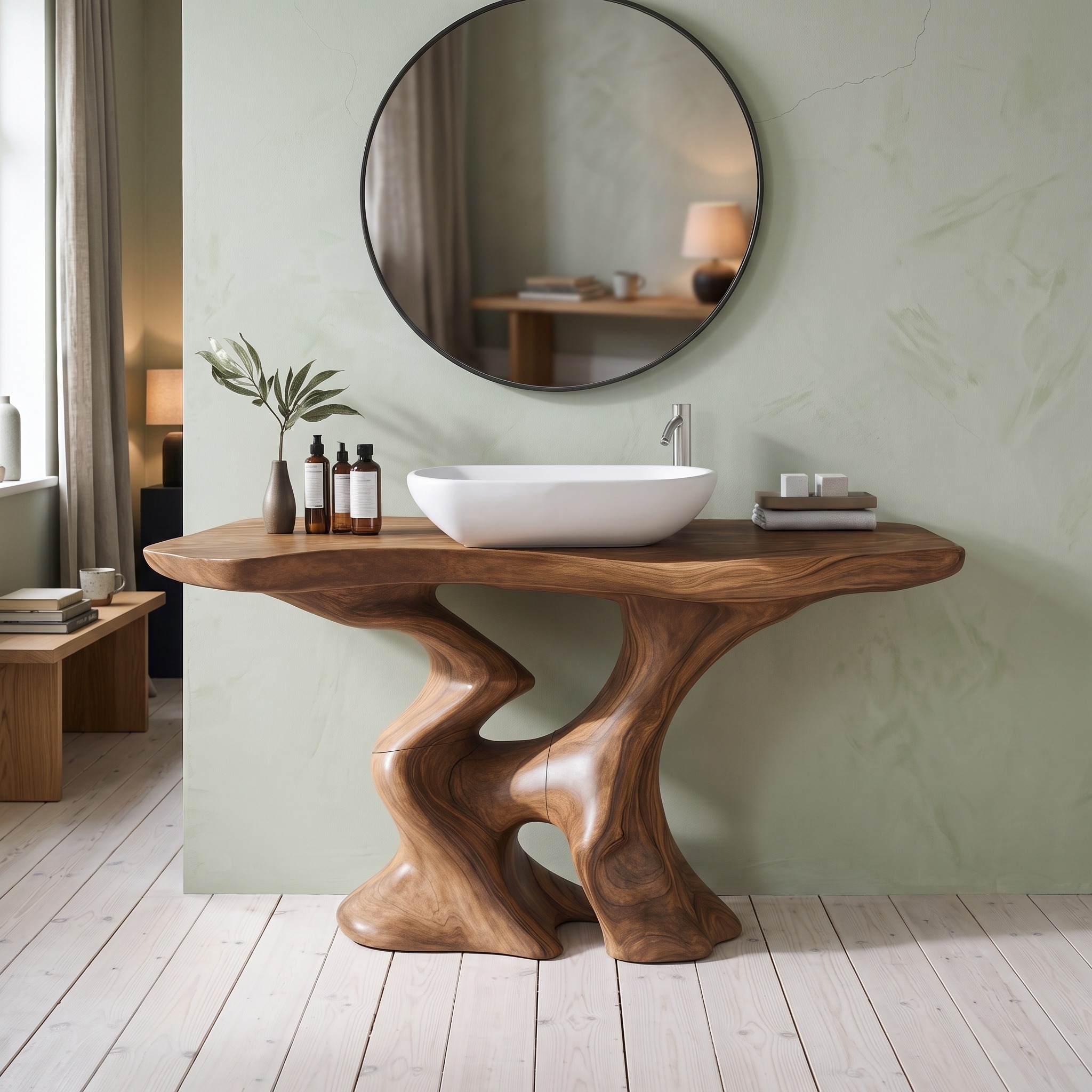 Mid Century Solid Wood Bathroom Vanity, Single Sink Storage Cabinet Console Unit for Minimalist Bathrooms