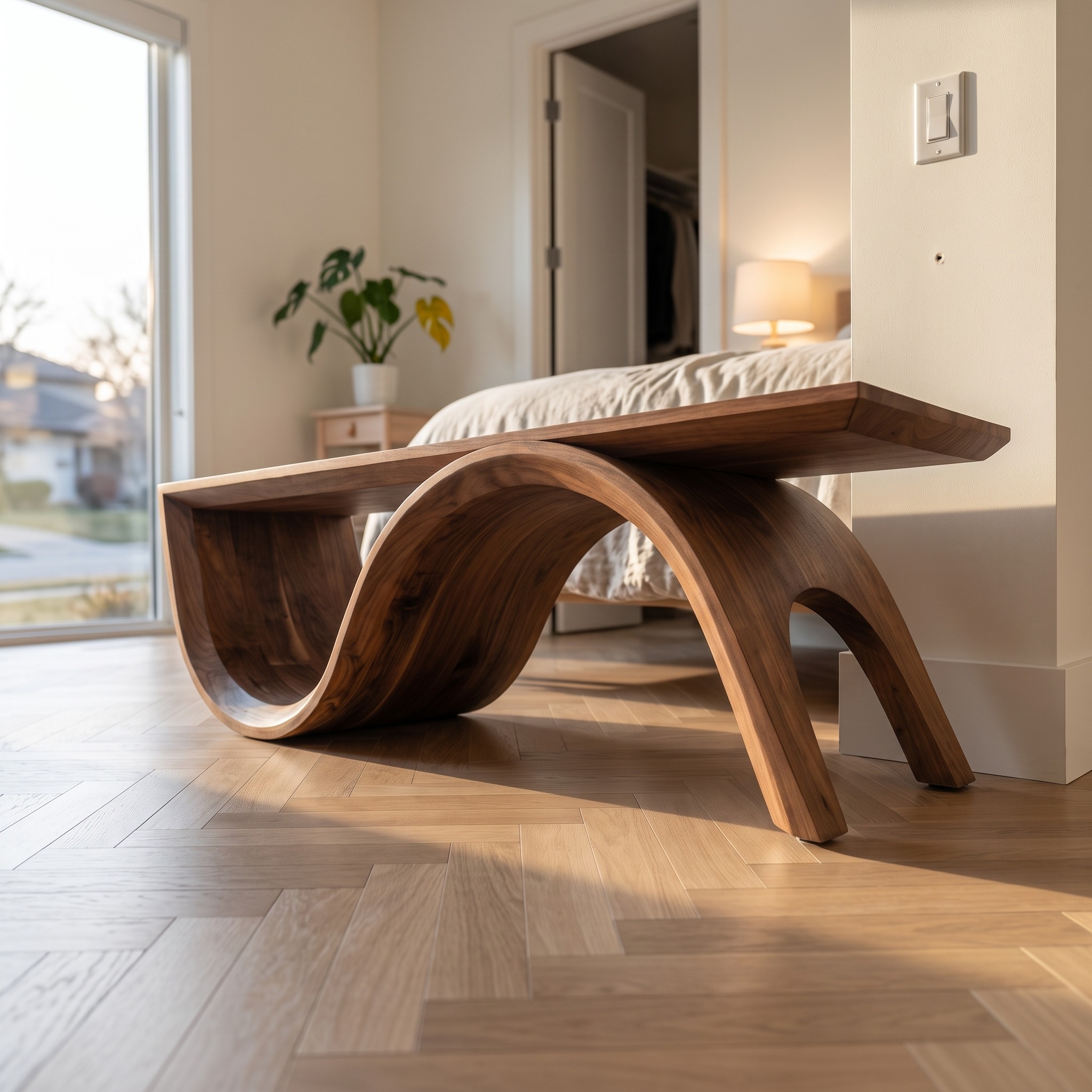 Mid Century Solid Wood Bench, Sculptural Curved Base Entryway & End of Bed Bench