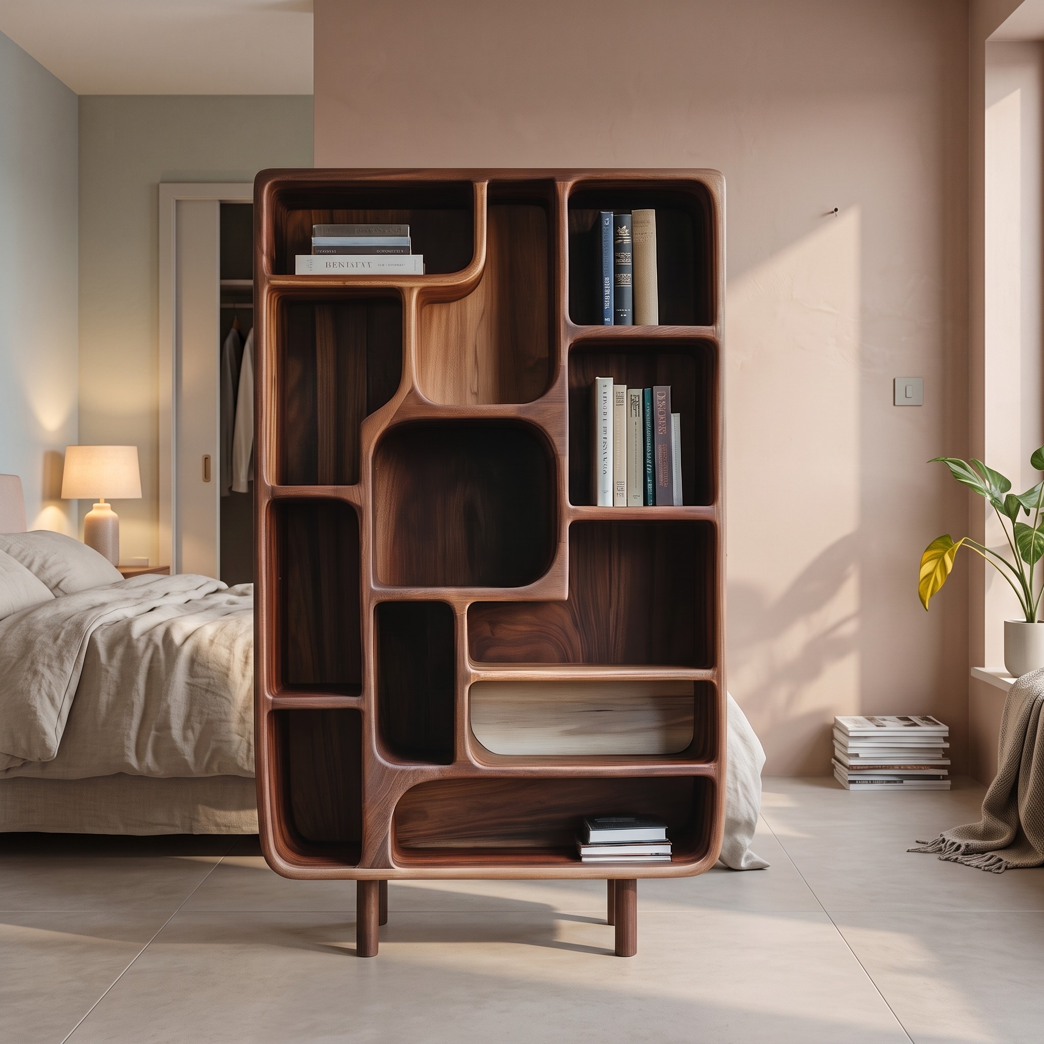 Mid Century Solid Wood Bookcase, Organic Modern Display Shelf & Shelving Unit for Study Room, Library or Office