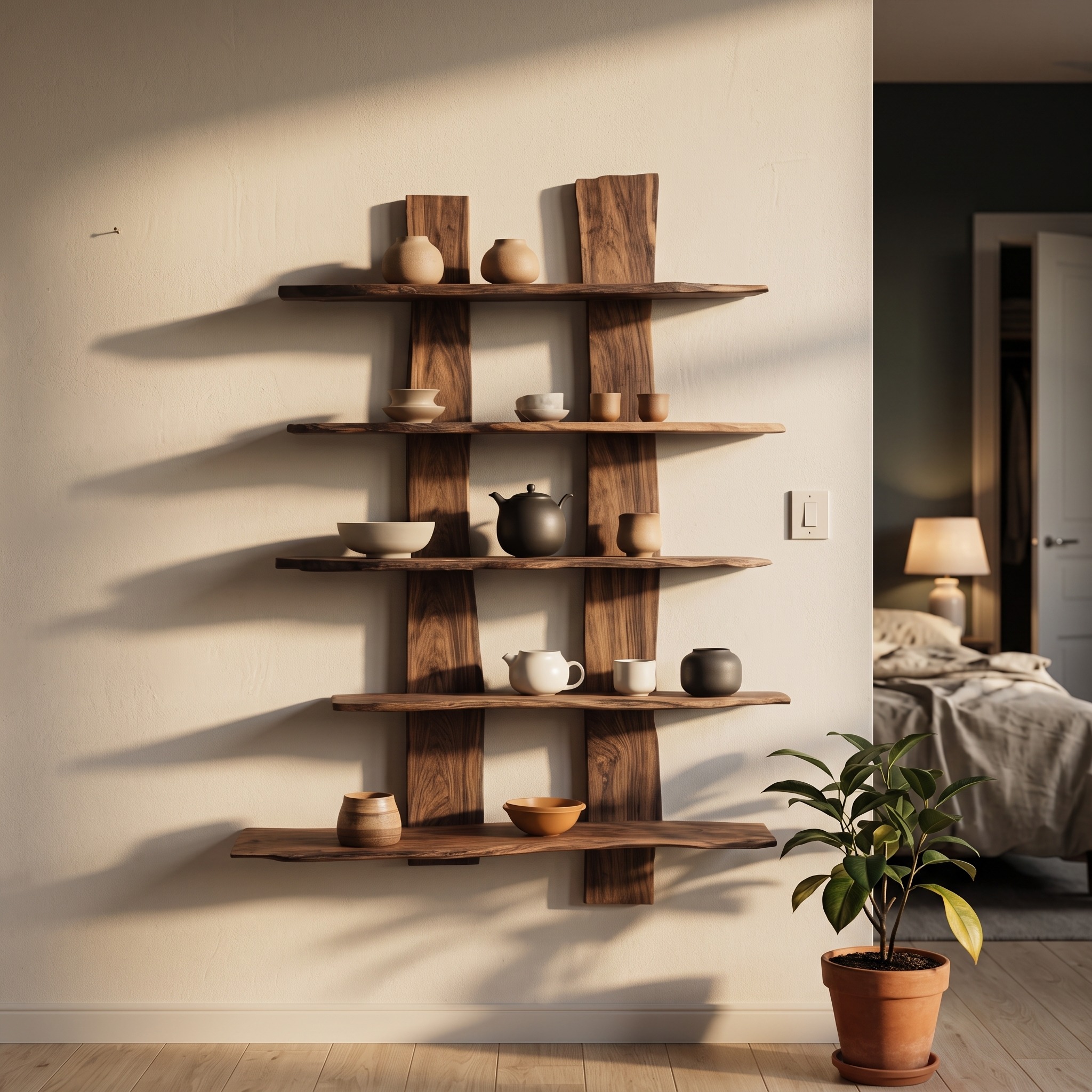 Mid-Century Solid Wood Bookshelf, Wall Mounted Bookcase & Storage Shelf for Modern Bedroom, Living Room Decor