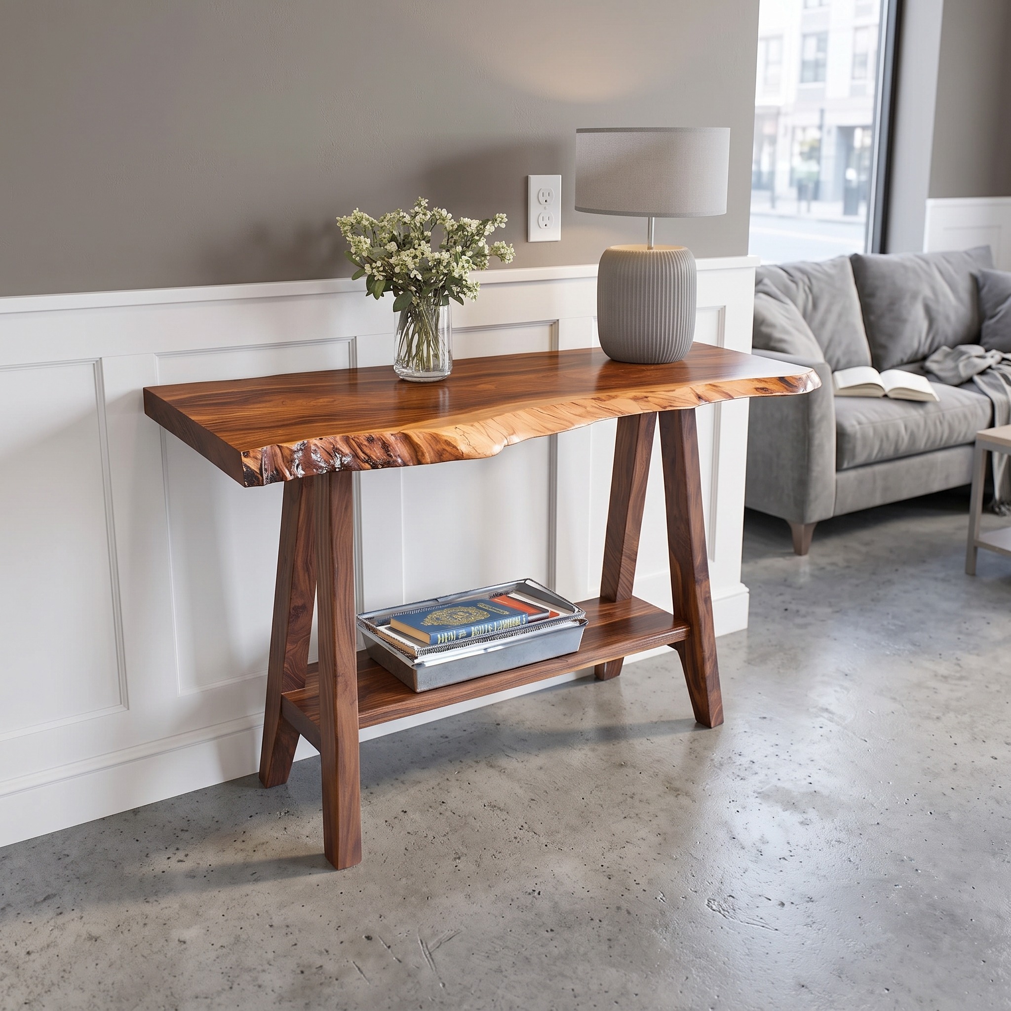 Mid Century Solid Wood Console Table, Handcrafted Wooden Entryway Foyer Table for Living Room Decor