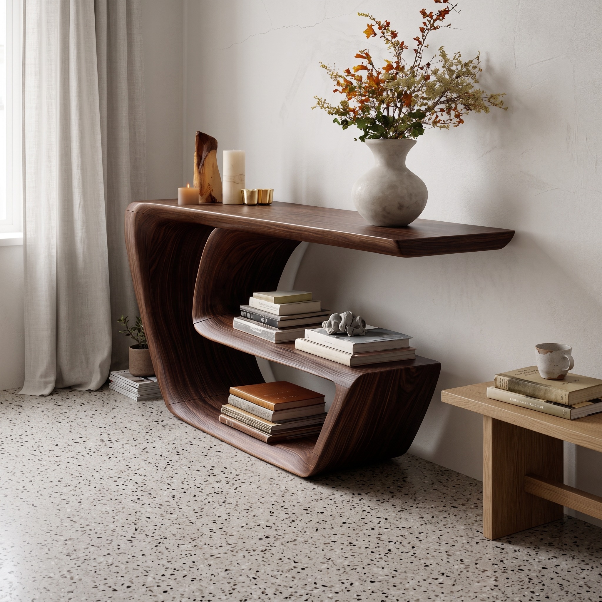 Mid Century Solid Wood Console Table, Handmade Sculptural Wooden Entryway Table for Modern Foyer and Living Room