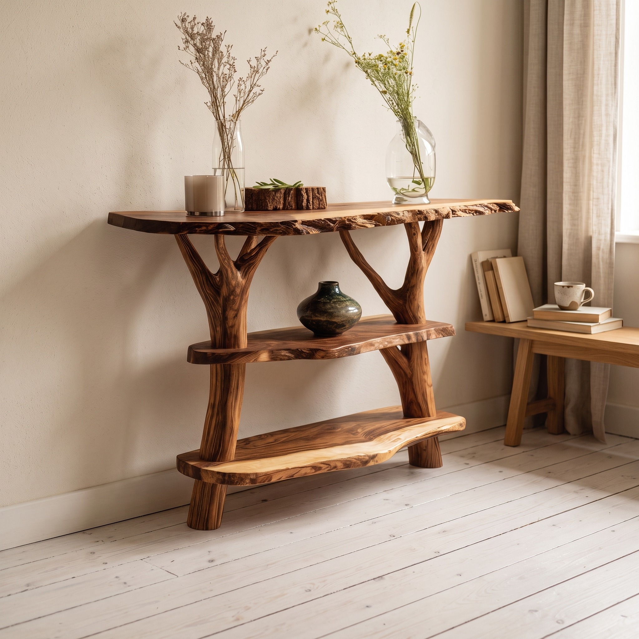 Mid Century Solid Wood Console Table, Live Edge Slab Entryway Table for Modern Living Room Decor