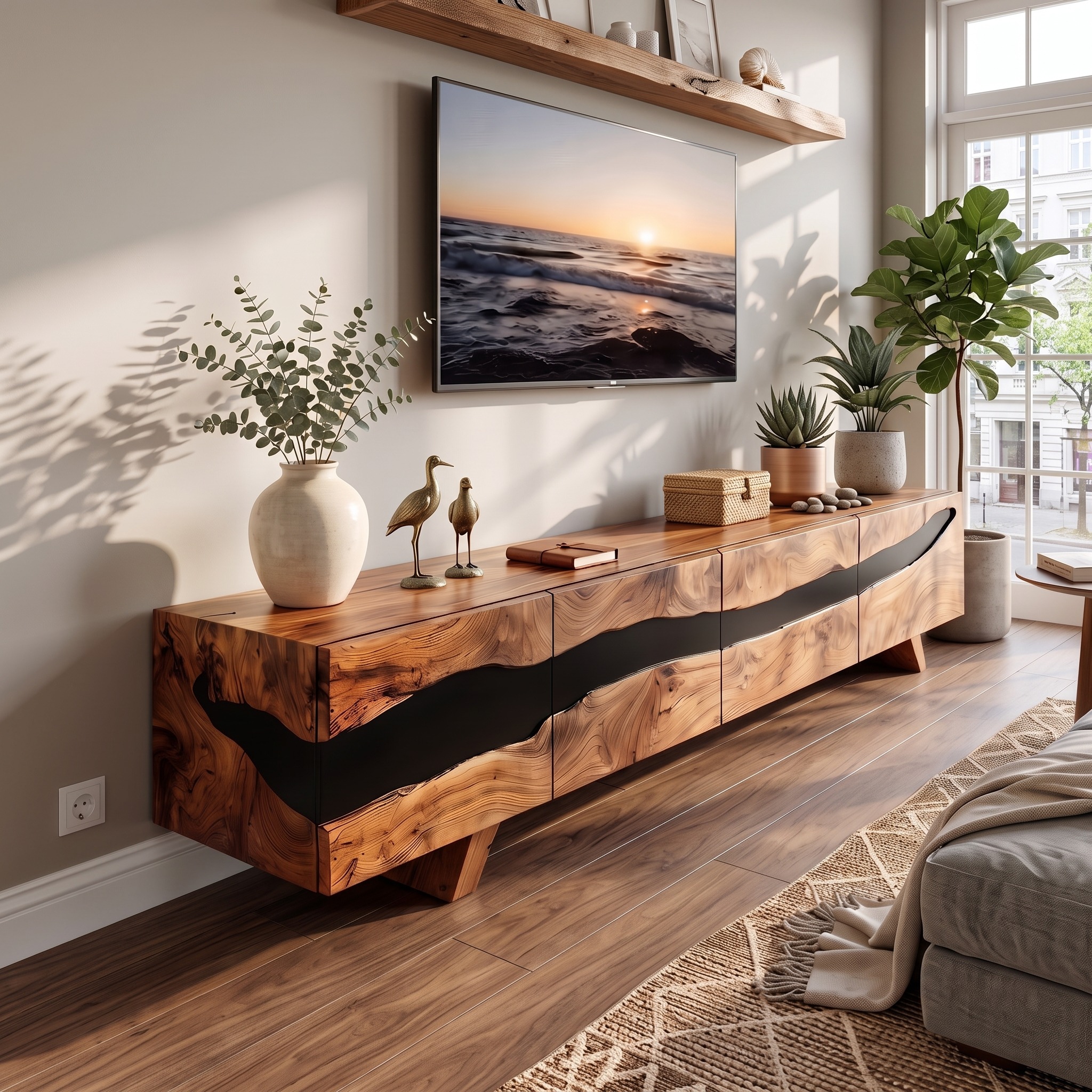 Mid Century Solid Wood Entertainment Stand, Retro Wooden TV Console & Media Center Cabinet for Living Room