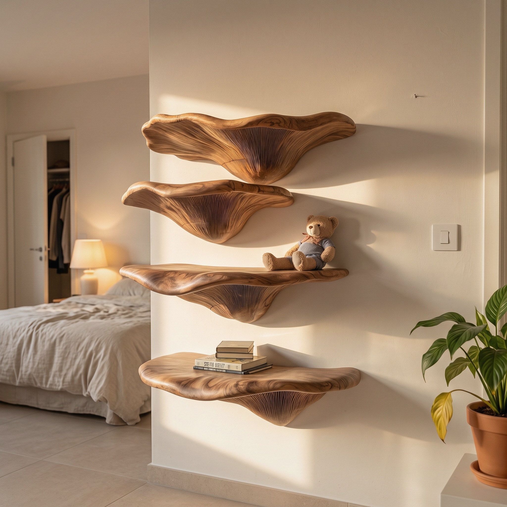 Mid Century Solid Wood Mushroom Shelf for Living Room Wall Decor