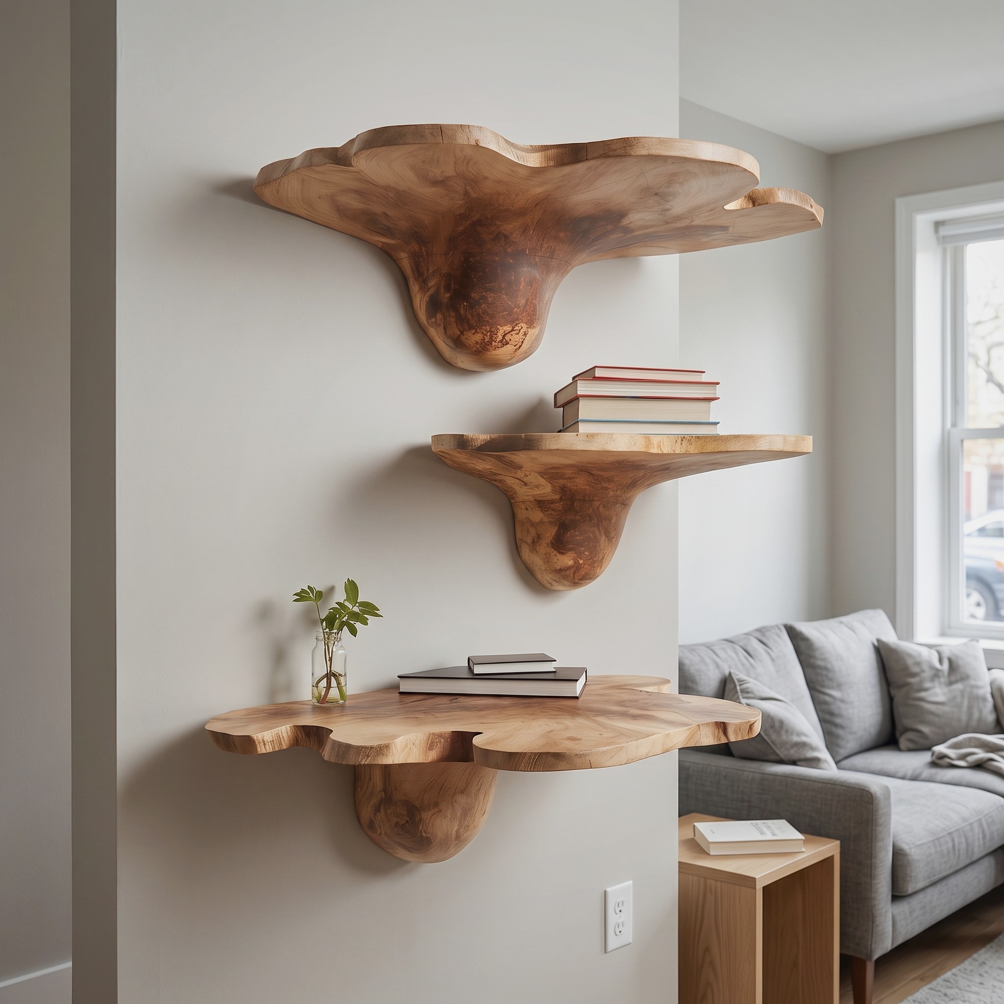 Mid Century Solid Wood Mushroom Shelf for Modern Living Room Decor