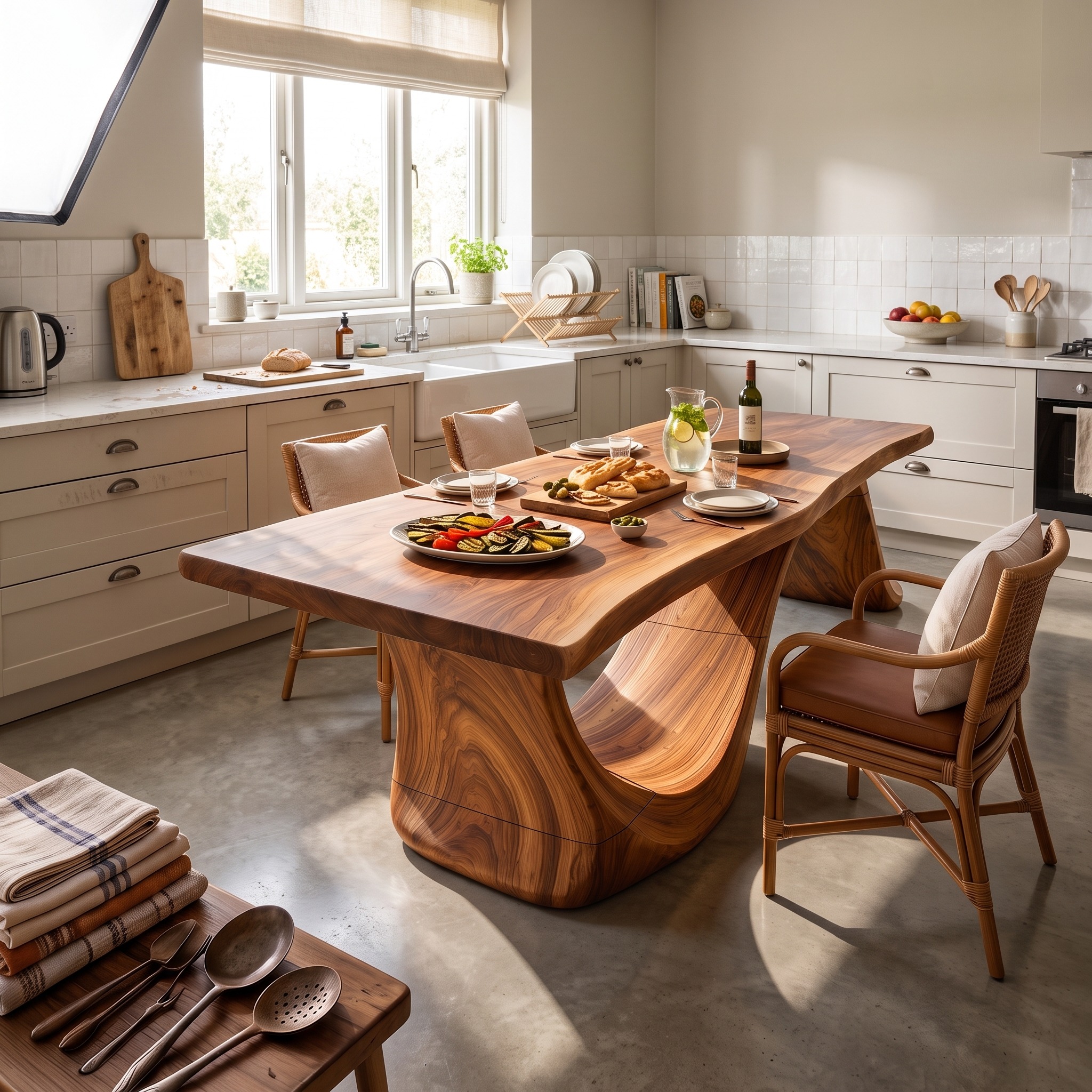 Mid Century Solid Wood Slab Dining Table, Handcrafted Natural Wood Kitchen & Dining Room Dinner Table