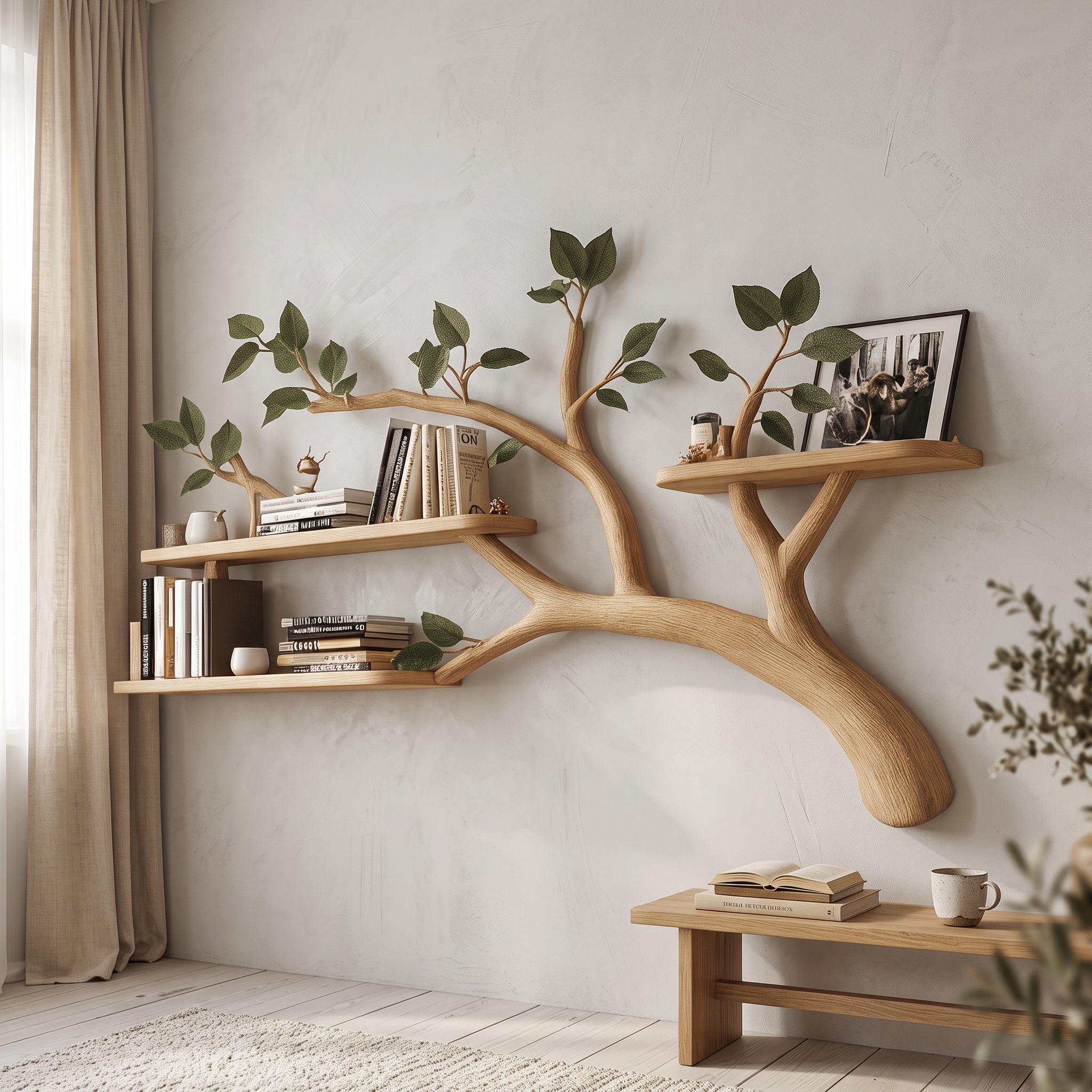 Mid Century Solid Wood Tree Branch Wall Floating Shelf, Modern Artistic Bookshelf for Living Room