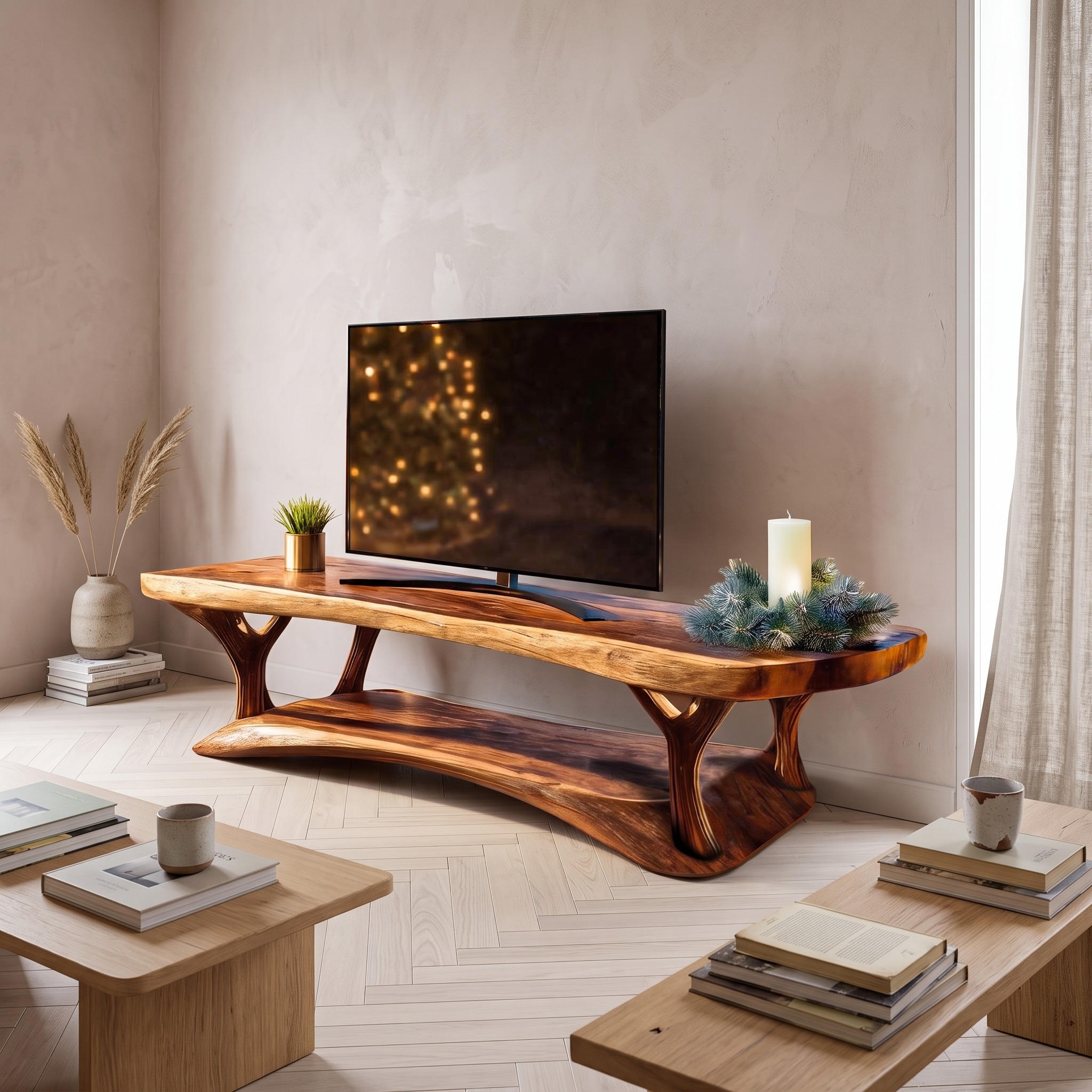 Mid-Century Solid Wood TV Console, Live Edge Entertainment Center Media Stand Cabinet for Living Room