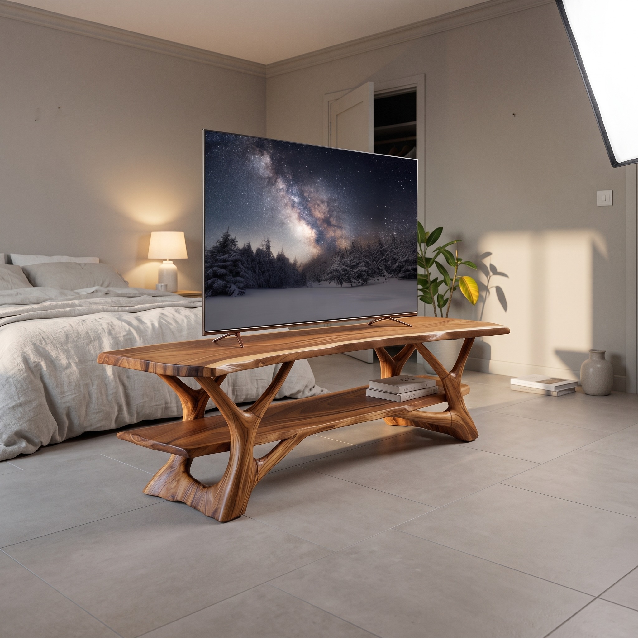 Mid-Century Solid Wood TV Console, Live Edge Media Center Credenza & Entryway Bench Table for Living Room