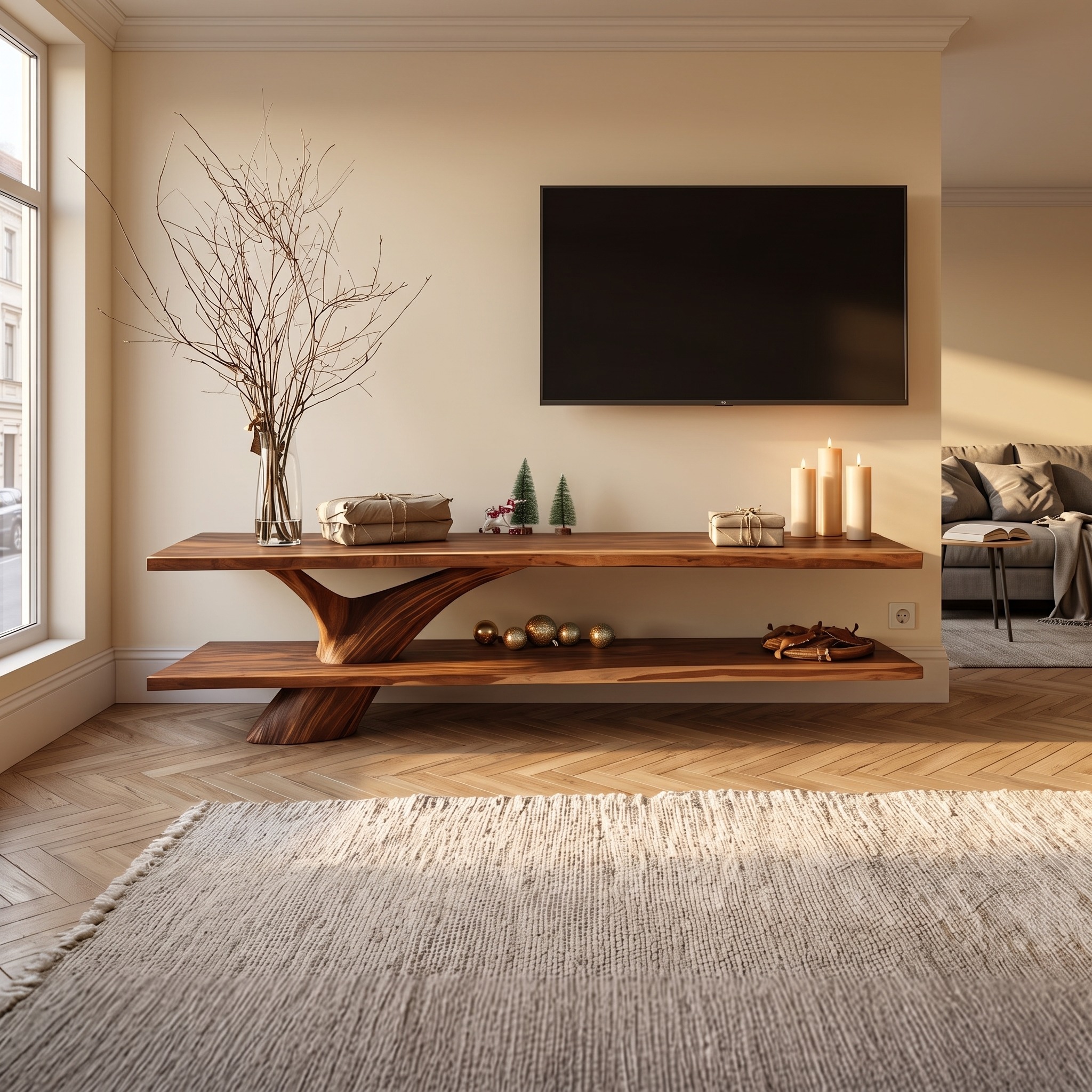 Mid Century Solid Wood TV Console, Live Edge Media Stand & Entertainment Center for Living Room