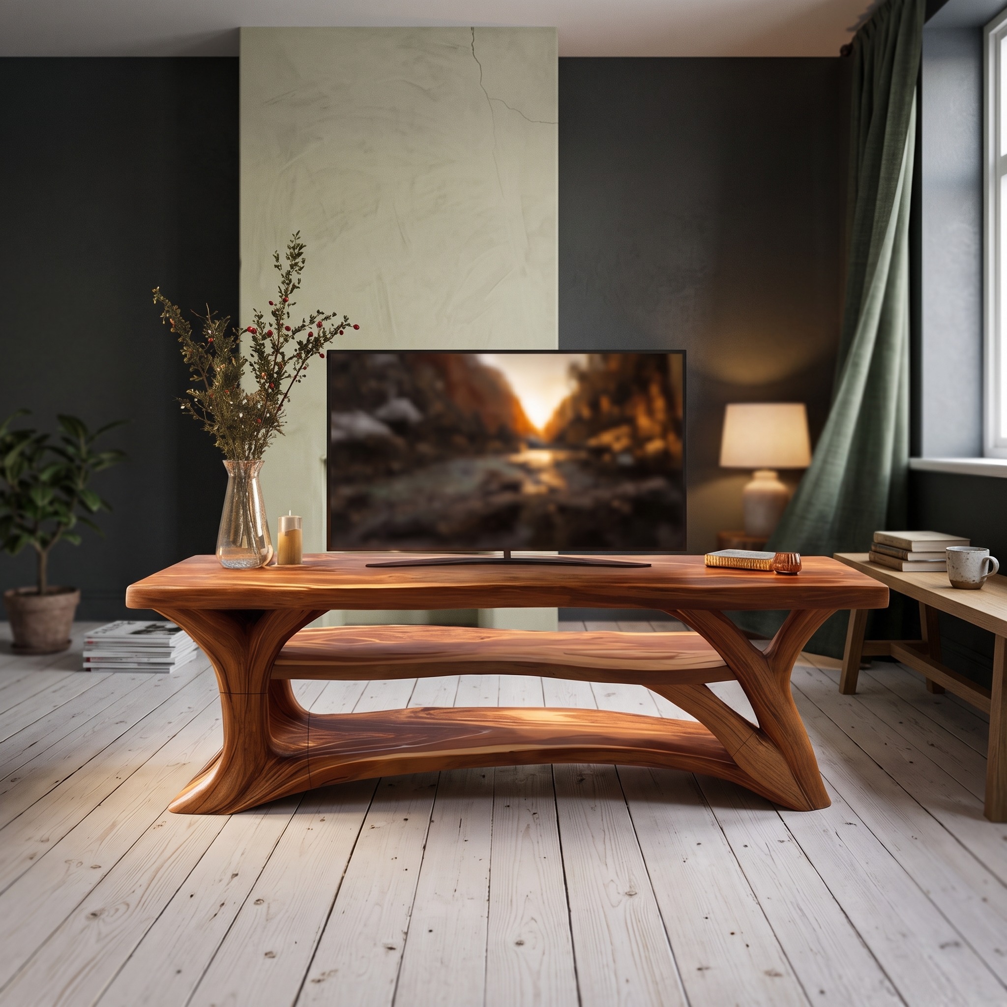 Mid-Century Solid Wood TV Console, Live Edge Media Stand Cabinet & Entryway Credenza for Living Room