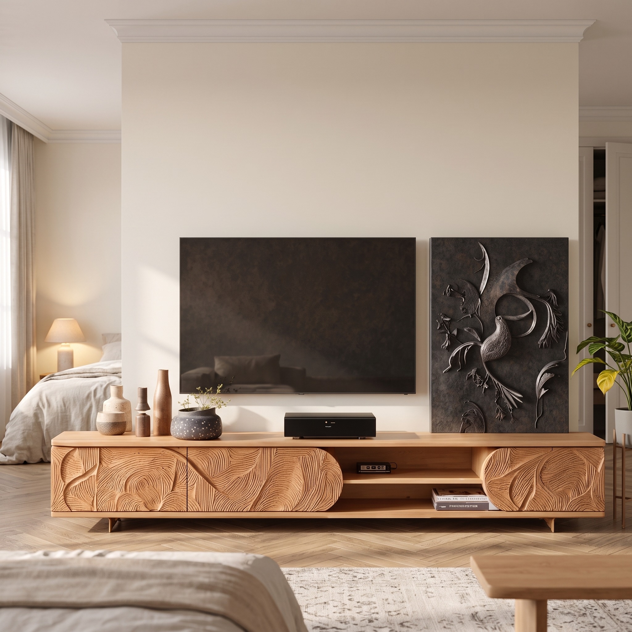 Mid Century Solid Wood TV Stand, Retro Handcrafted Media Console Cabinet & Entertainment Center for Living Room