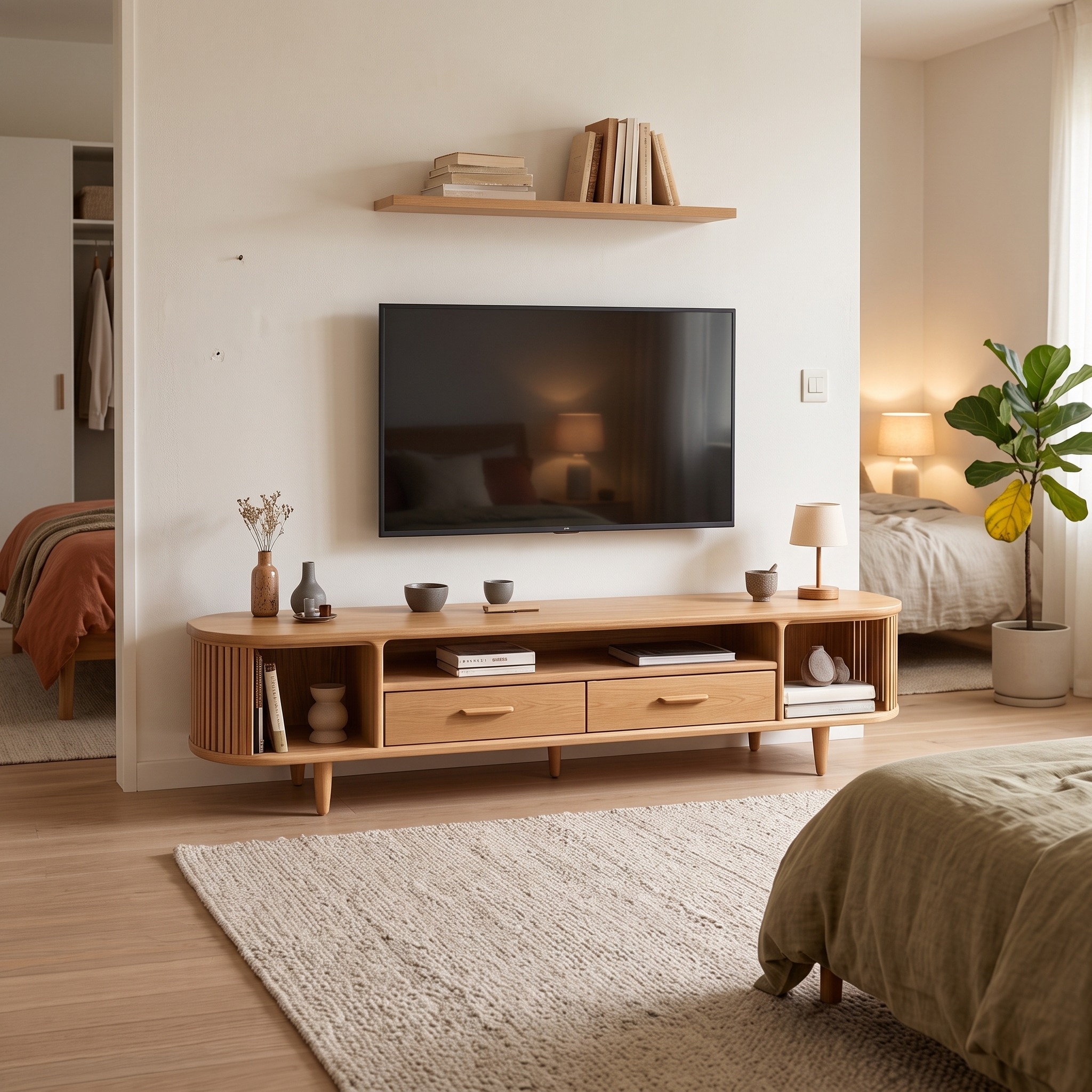 Mid-Century Solid Wood TV Stand, Retro Media Console Cabinet, Television Credenza for Bedroom & Living Room