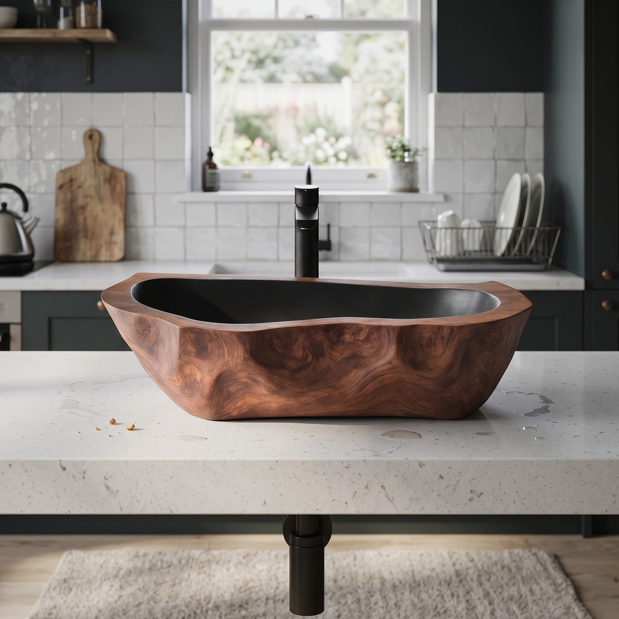 Mid Century Solid Wood Vessel Sink, Handcrafted Natural Live Edge Wooden Wash Basin for Modern Bathroom Vanity Makeover