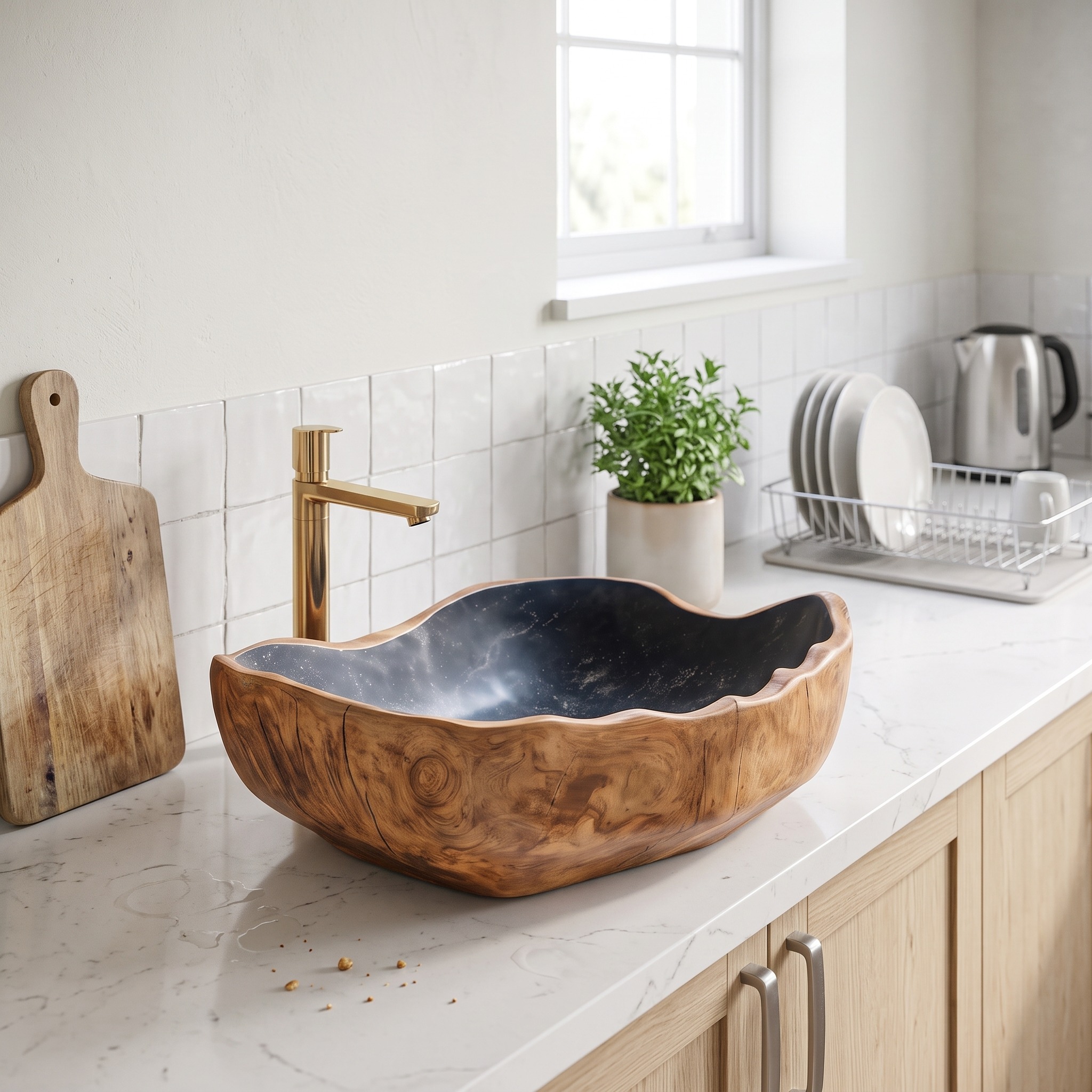 Mid-Century Solid Wood Vessel Sink, Handcrafted Organic Shape Bathroom Wash Basin for Modern Luxury Vanity Decor