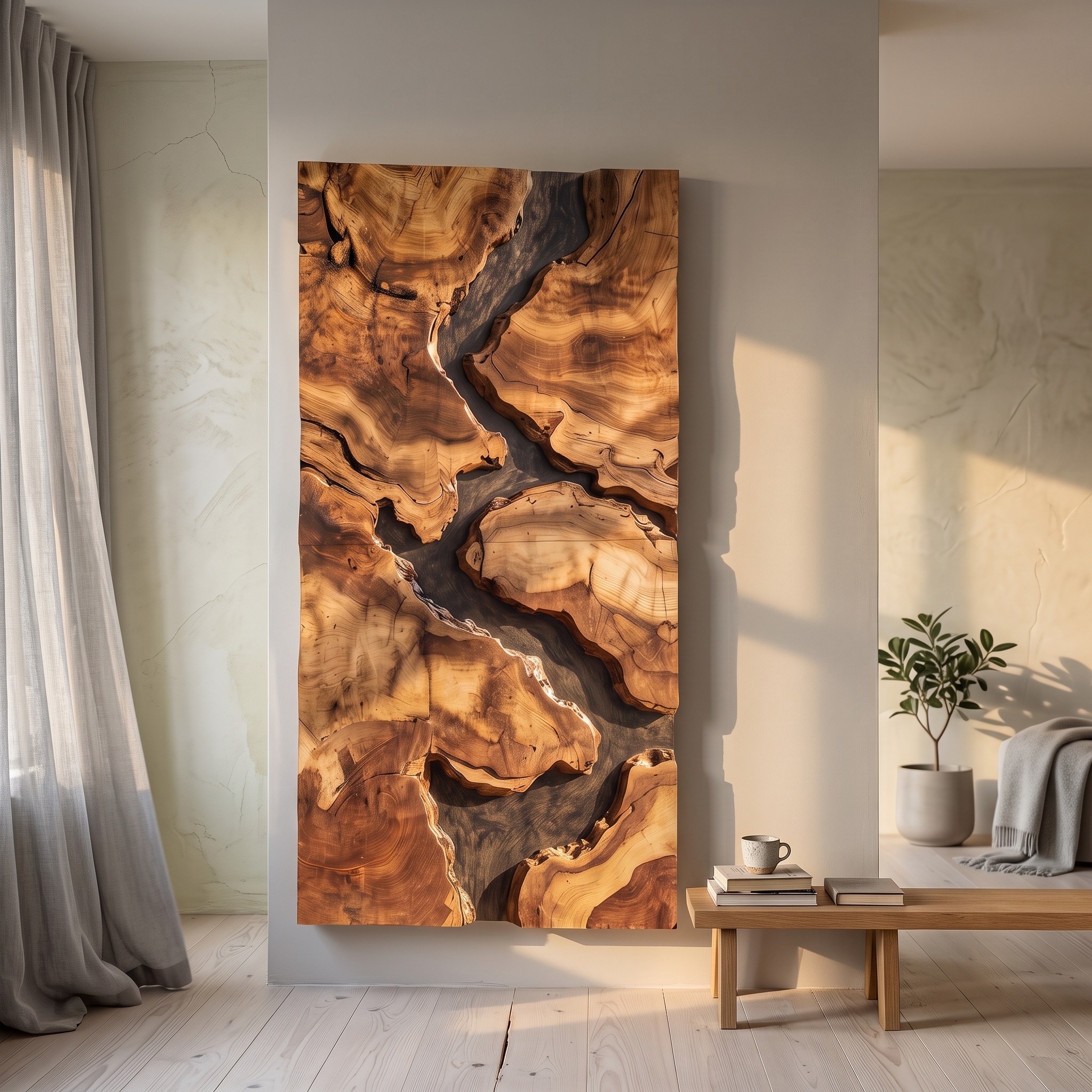 Mid Century Solid Wood Wall Sculpture, Modern Handcrafted Wooden Wall Art Panel Decor for Living Room