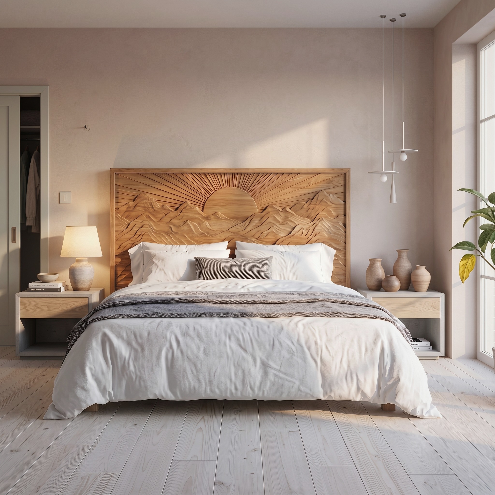 Mid Century Sunrise Headboard Wooden Bed Headboard for Bedroom