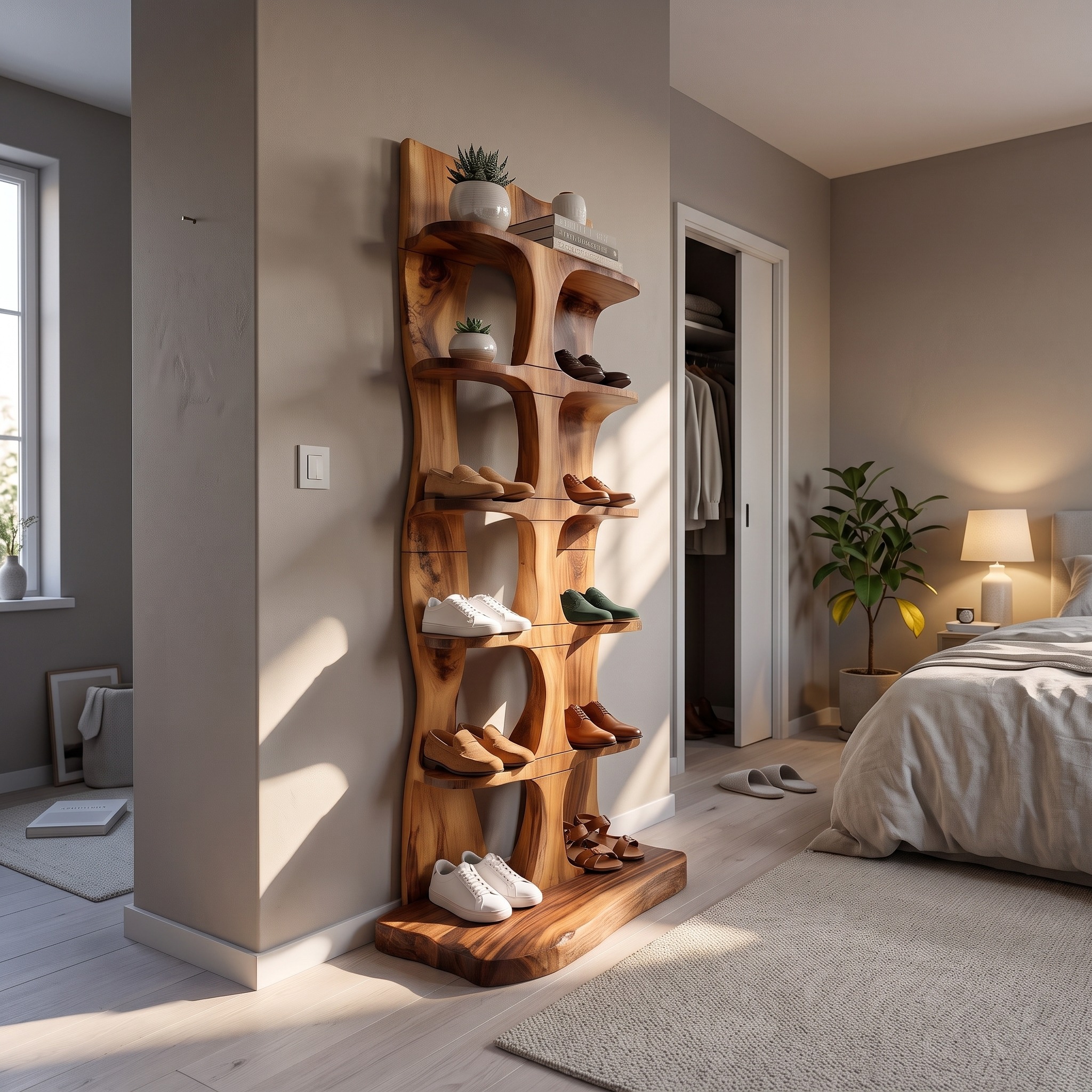 Mid-Century Tall Shoe Storage Rack, Wooden Multi-Tier Shoe Organizer Tower for Foyer & Entryway