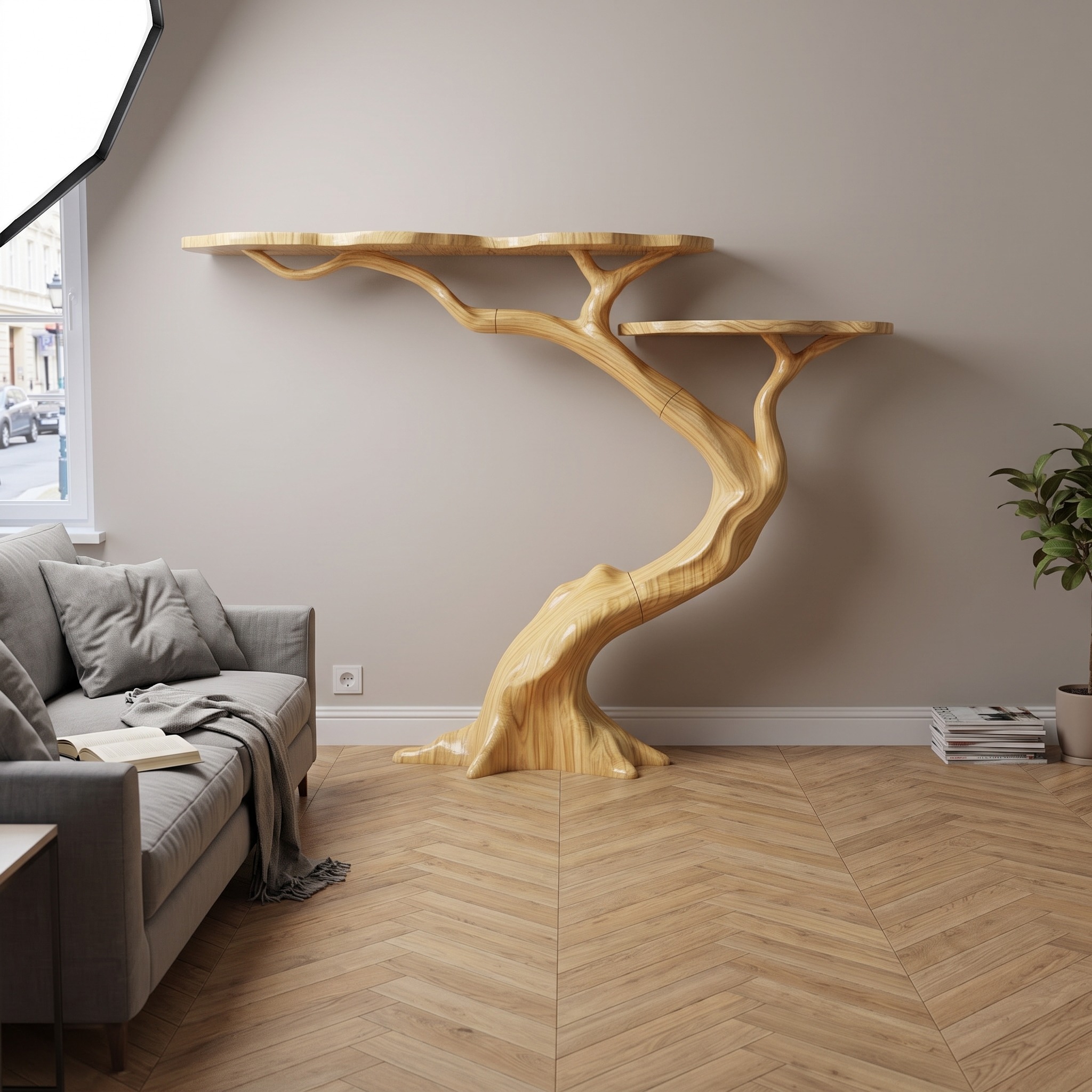 Mid Century Tree Base Console Table, Handcrafted Solid Wood Branch Entryway Table, Unique Foyer Display Accent