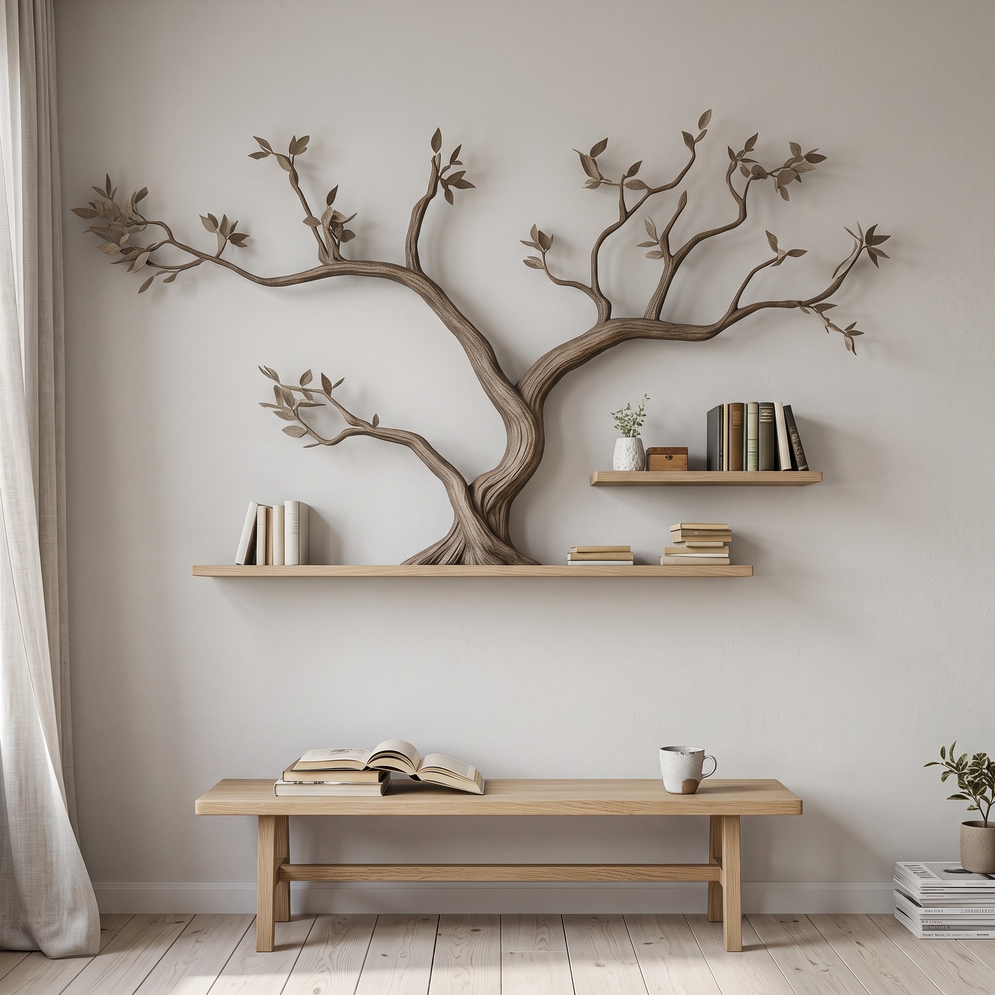 Mid Century Tree Branch Floating Wall Shelf, Modern Solid Wood Hanging Bookshelf for Unique Bedroom Decor