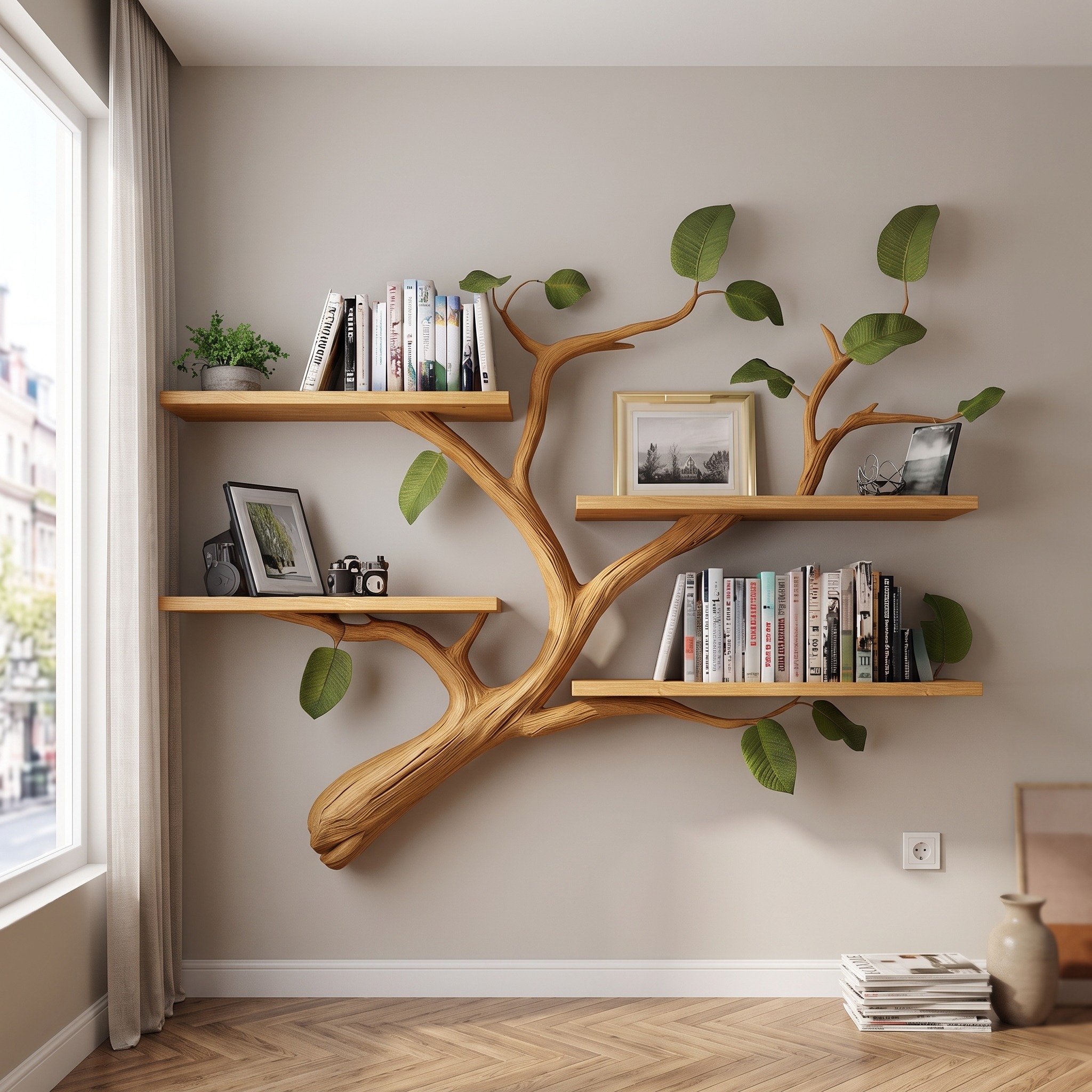 Mid Century Tree Branch Wall Floating Shelf, Modern Solid Wood Hanging Bookshelf & Display Rack for Living Room