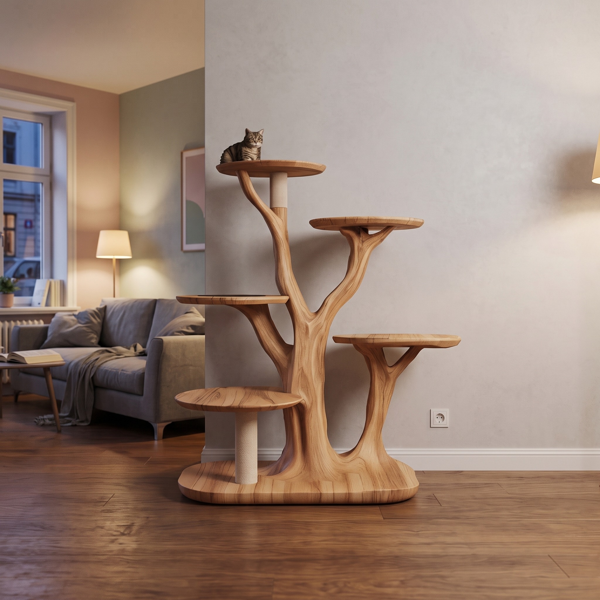 Mid Century Tree Cat Tower, Handcrafted Solid Wood Cat Tree, Multi-Level Pet Activity Tree & Lounge for Living Room