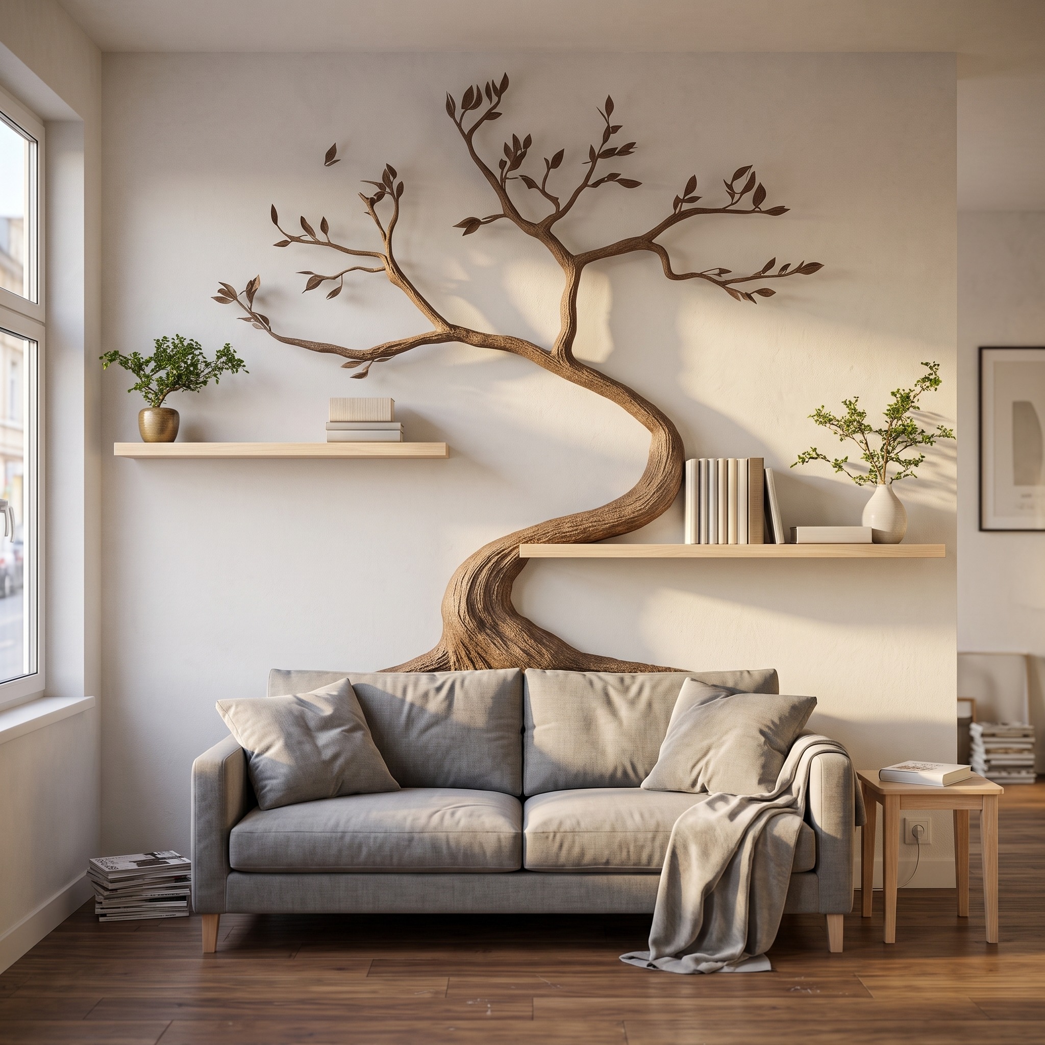 Mid-Century Tree Wall Bookshelf, Artistic Solid Wood Branch Floating Display Organizer for Modern Bedroom